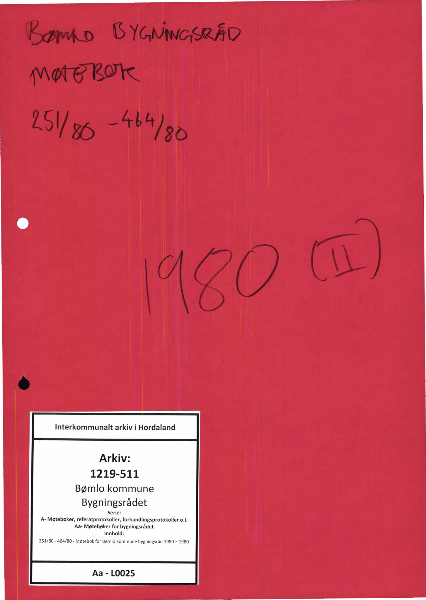 Bømlo kommune. Bygningsrådet , IKAH/1219-511/A/Aa/L0025: Møtebok for Bømlo bygningsråd, 1980
