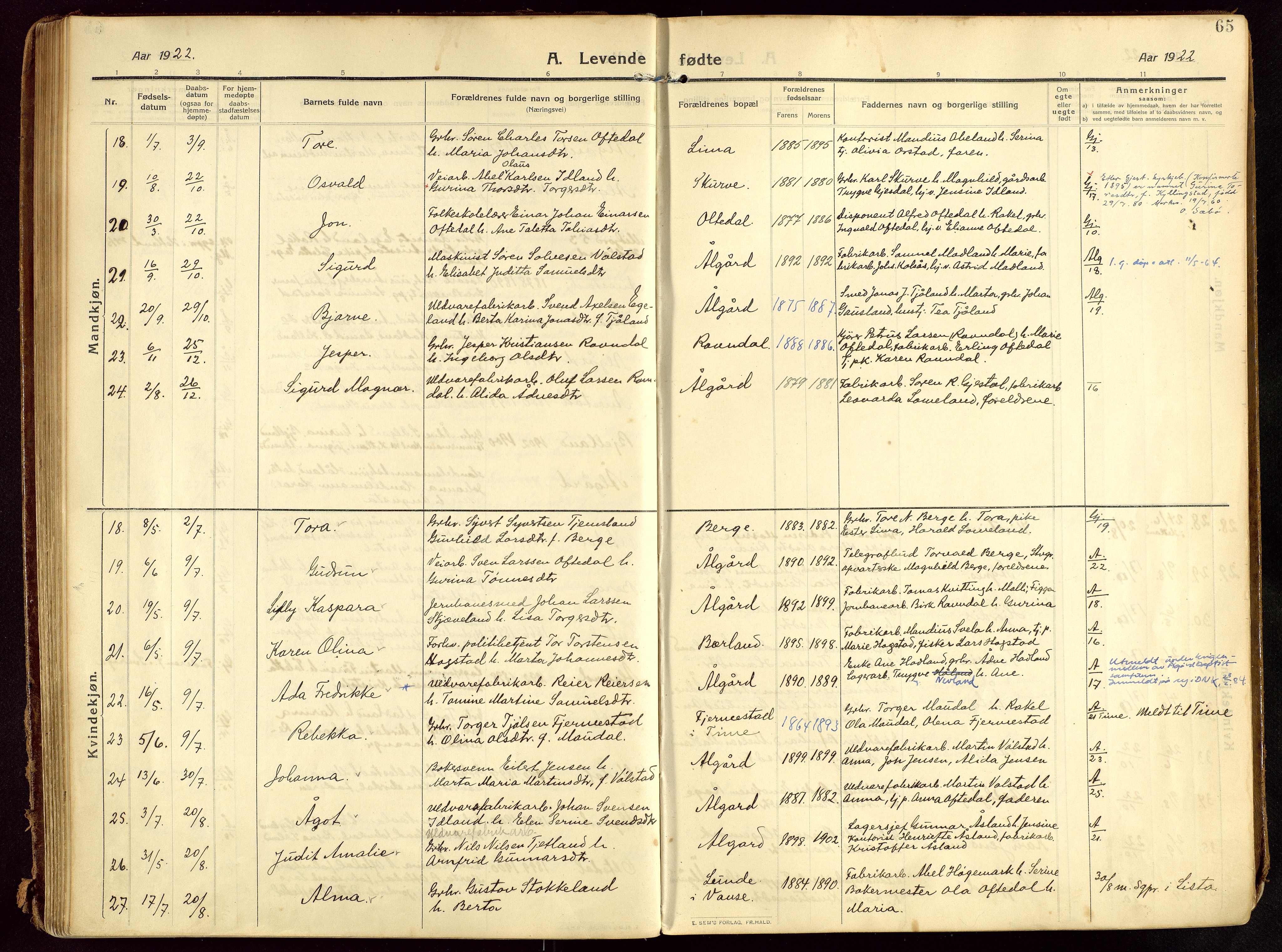 Lye sokneprestkontor, AV/SAST-A-101794/002/B/L0001: Parish register (official) no. A 13, 1910-1925, p. 65