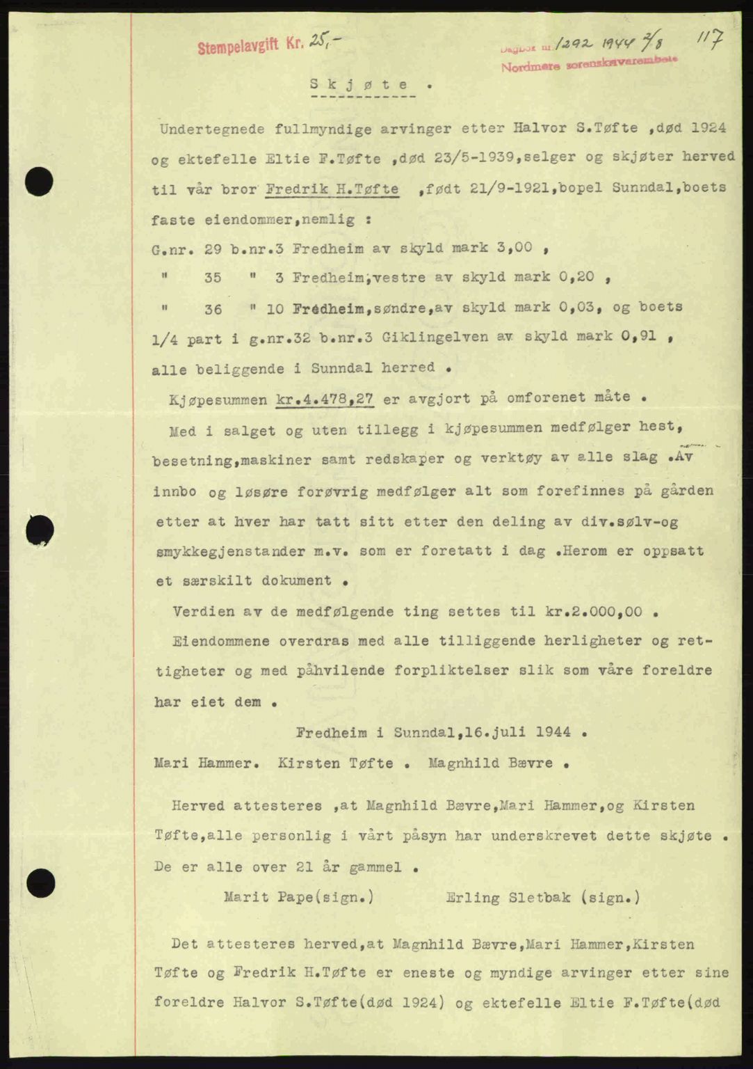 Nordmøre sorenskriveri, AV/SAT-A-4132/1/2/2Ca: Mortgage book no. A98, 1944-1944, Diary no: : 1292/1944