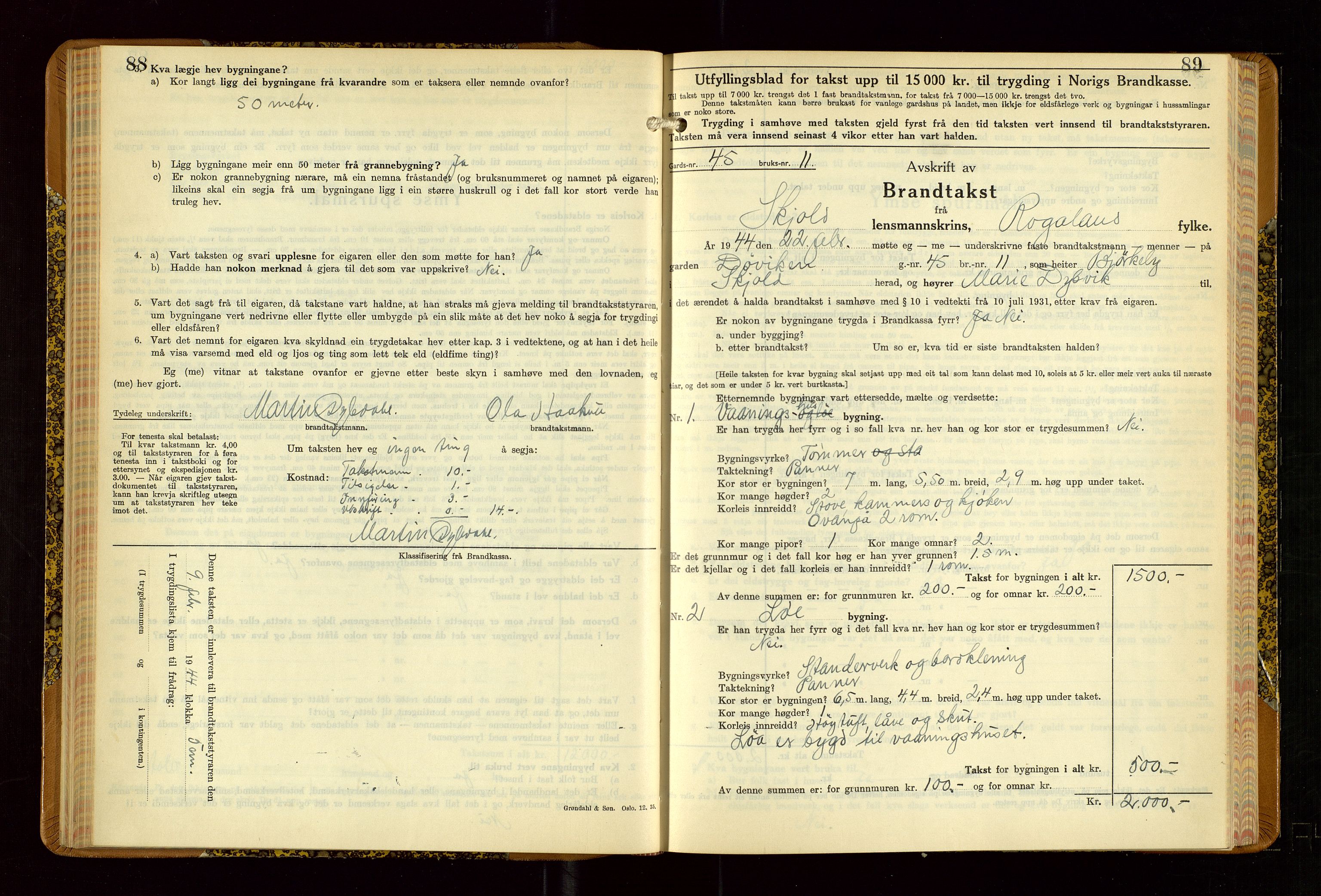 Skjold lensmannskontor, AV/SAST-A-100182/Gob/L0002: "Branntakstbok for Skjold lensmannskrins Rogaland fylke", 1939-1952, p. 88-89