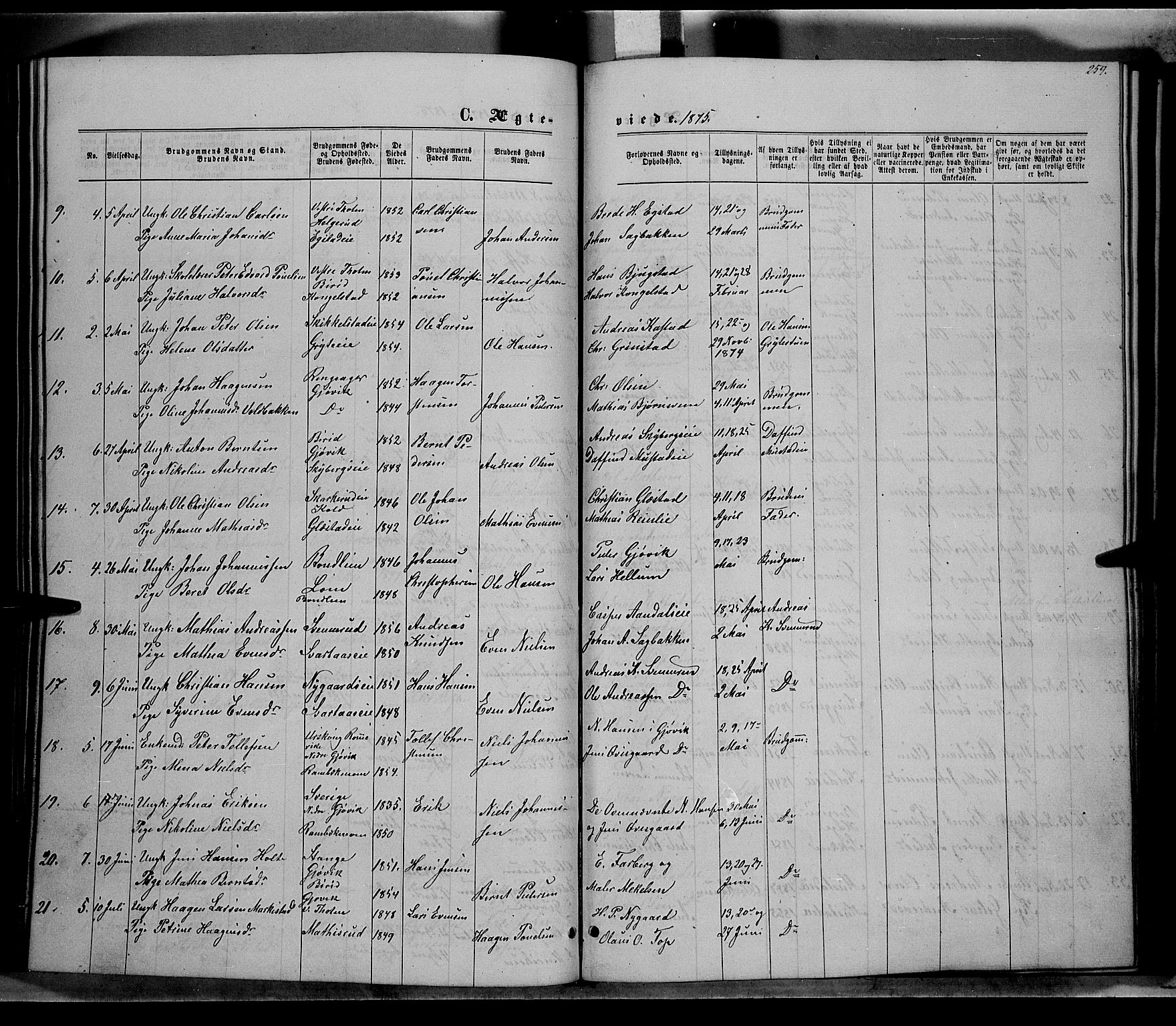 Vardal prestekontor, SAH/PREST-100/H/Ha/Hab/L0006: Parish register (copy) no. 6, 1869-1881, p. 259