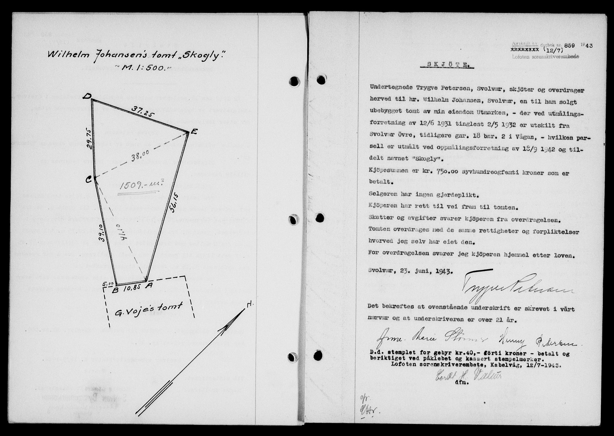 Lofoten sorenskriveri, SAT/A-0017/1/2/2C/L0011a: Mortgage book no. 11a, 1943-1943, Diary no: : 859/1943