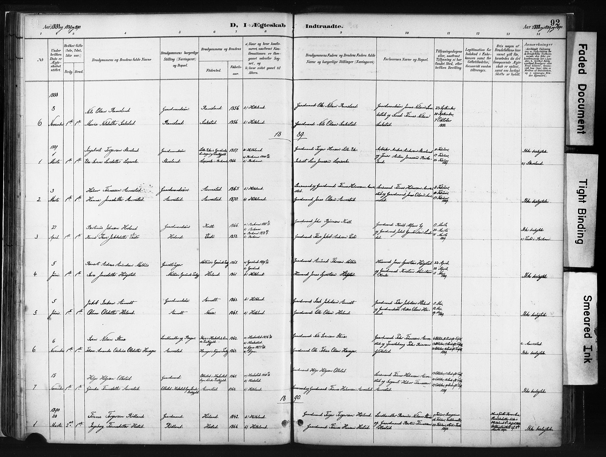 Helleland sokneprestkontor, SAST/A-101810: Parish register (official) no. A 8, 1887-1907, p. 92
