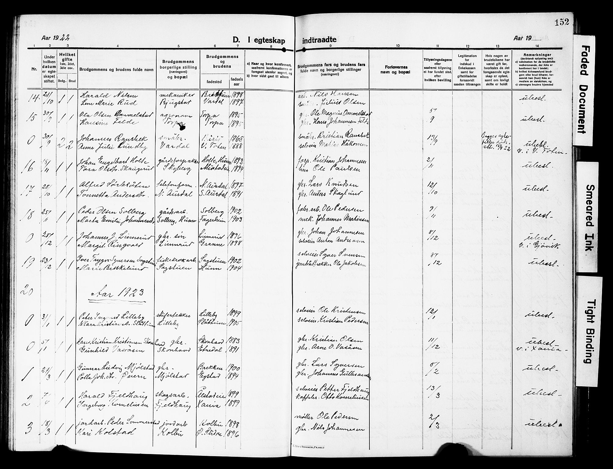 Vardal prestekontor, SAH/PREST-100/H/Ha/Hab/L0015: Parish register (copy) no. 15, 1914-1931, p. 152