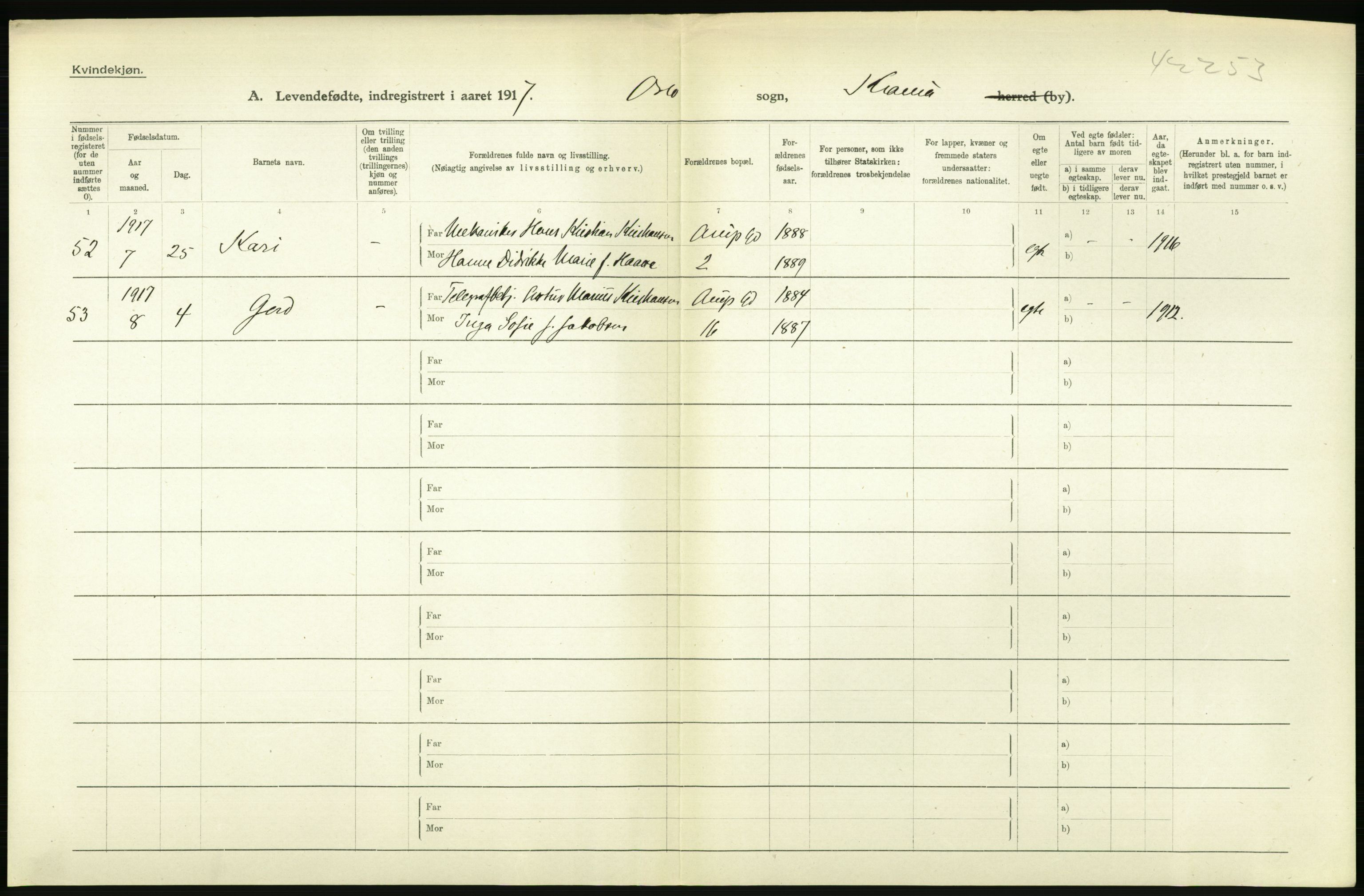 Statistisk sentralbyrå, Sosiodemografiske emner, Befolkning, AV/RA-S-2228/D/Df/Dfb/Dfbg/L0006: Kristiania: Levendefødte menn og kvinner., 1917, p. 576