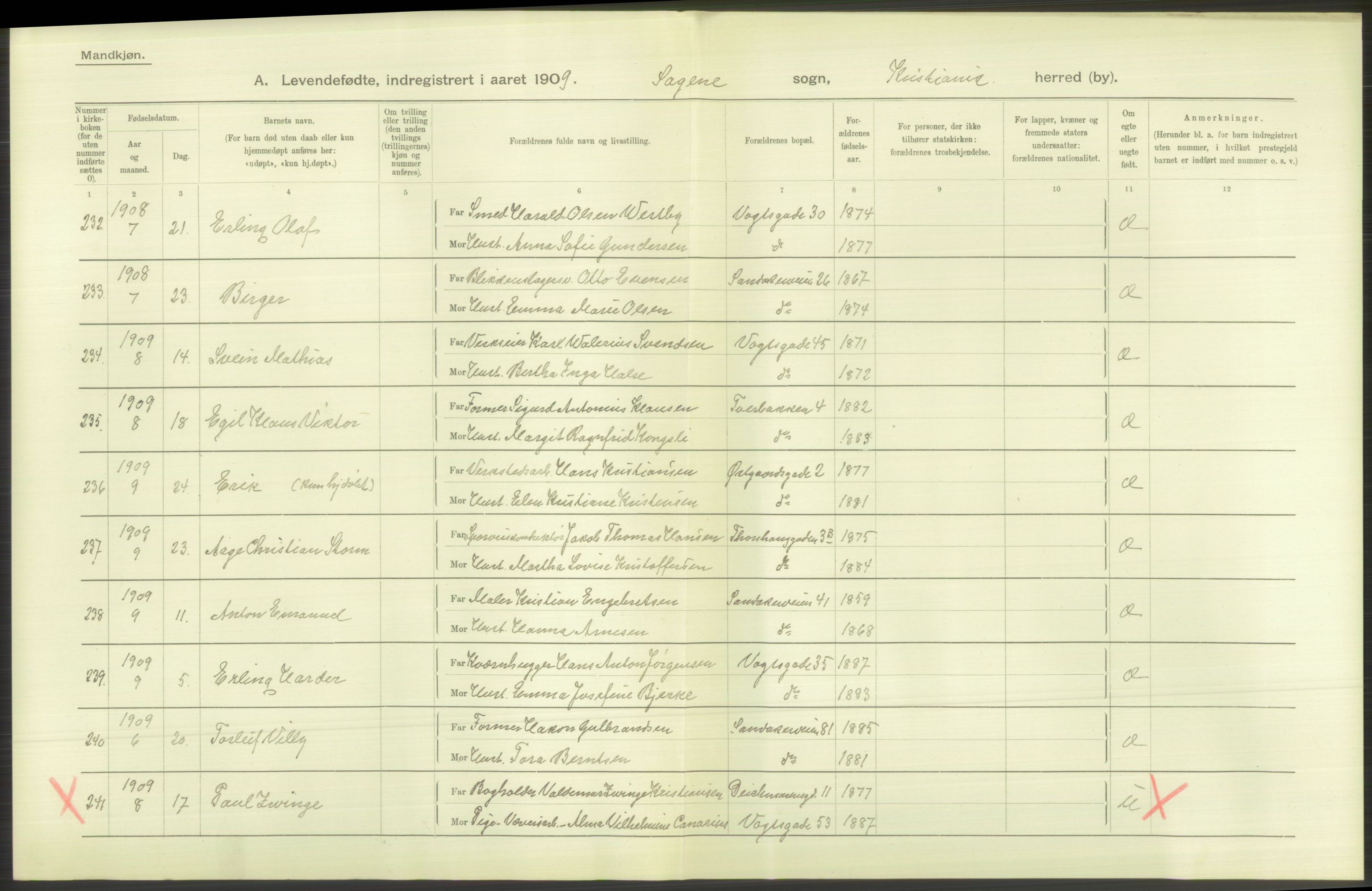 Statistisk sentralbyrå, Sosiodemografiske emner, Befolkning, RA/S-2228/D/Df/Dfa/Dfag/L0007: Kristiania: Levendefødte menn og kvinner., 1909, p. 270