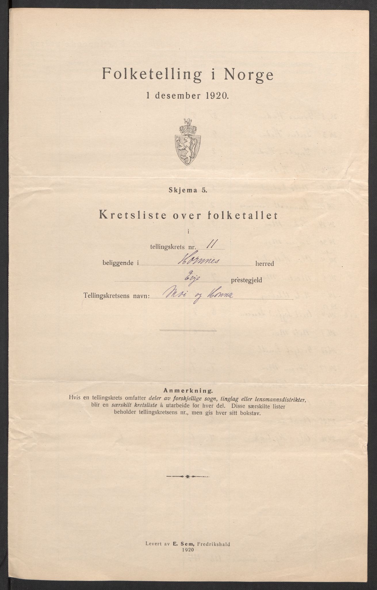 SAK, 1920 census for Hornnes, 1920, p. 41