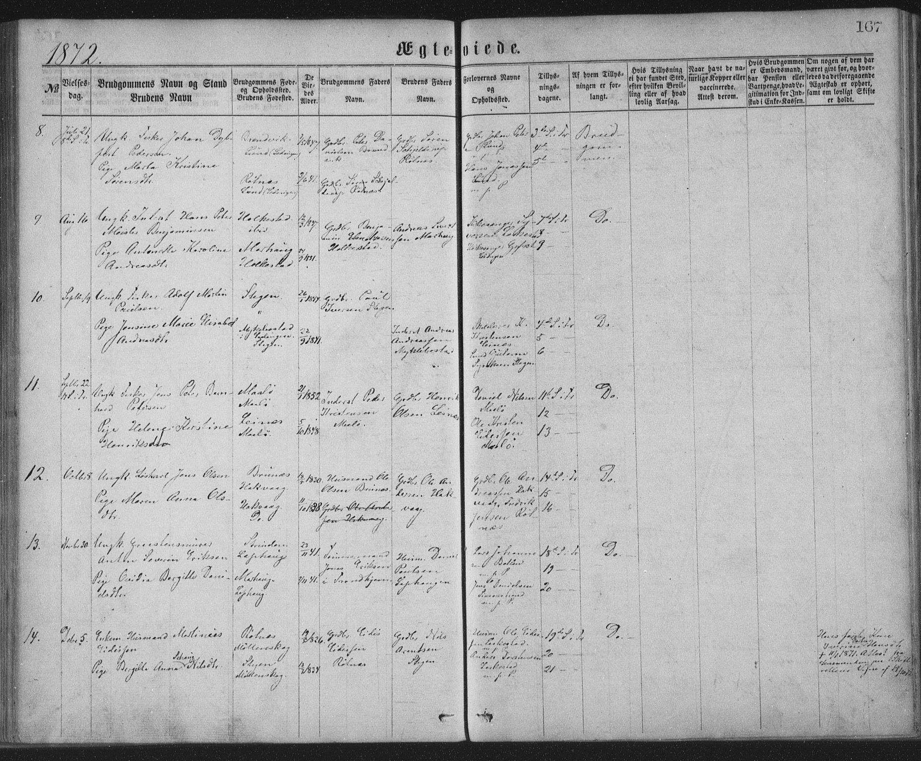 Ministerialprotokoller, klokkerbøker og fødselsregistre - Nordland, AV/SAT-A-1459/855/L0801: Parish register (official) no. 855A09, 1864-1874, p. 167