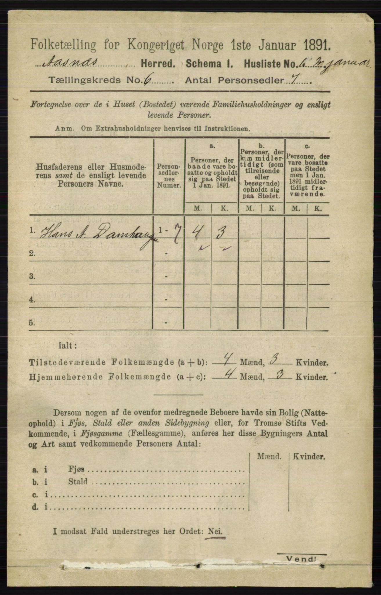 RA, 1891 census for 0425 Åsnes, 1891, p. 2711