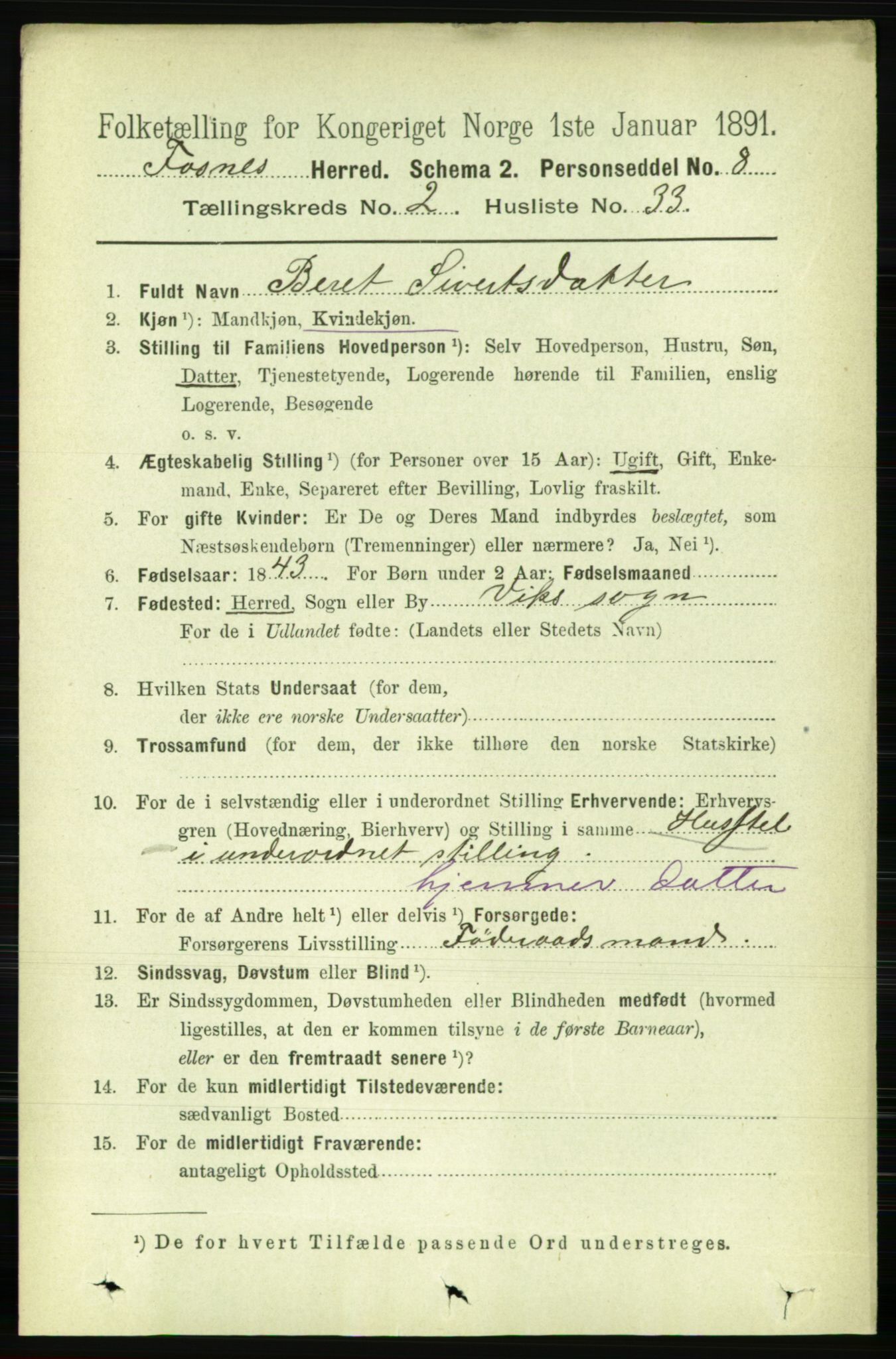 RA, 1891 census for 1748 Fosnes, 1891, p. 602