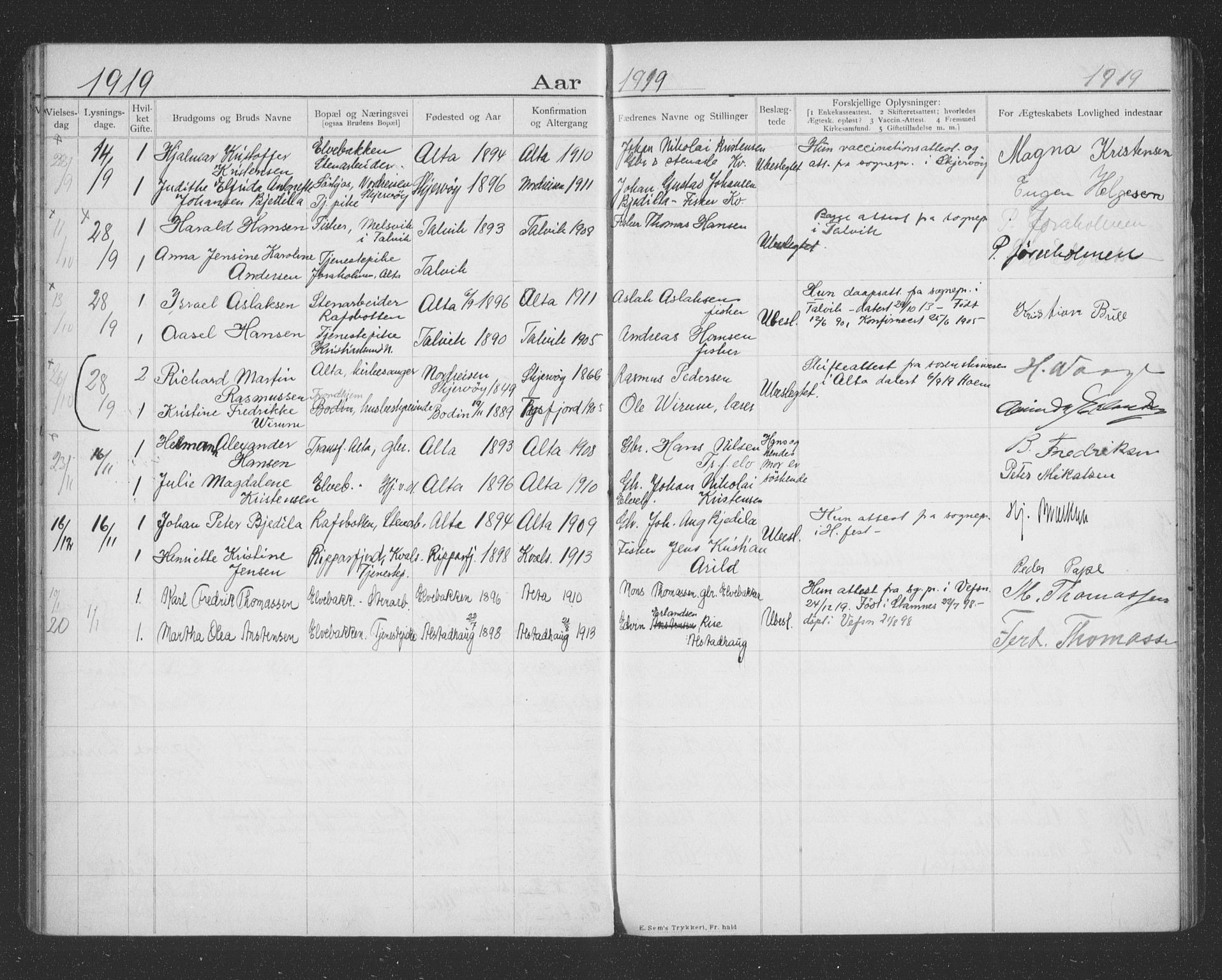 Alta sokneprestkontor, AV/SATØ-S-1338/I/Ib/L0045: Banns register no. 45, 1903-1921