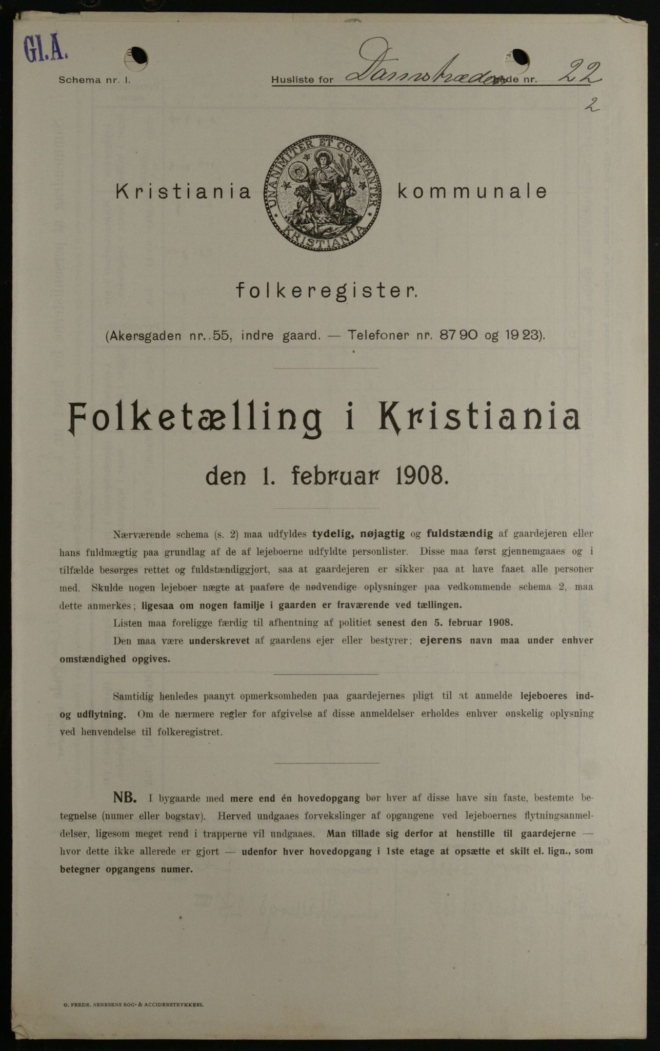 OBA, Municipal Census 1908 for Kristiania, 1908, p. 13615