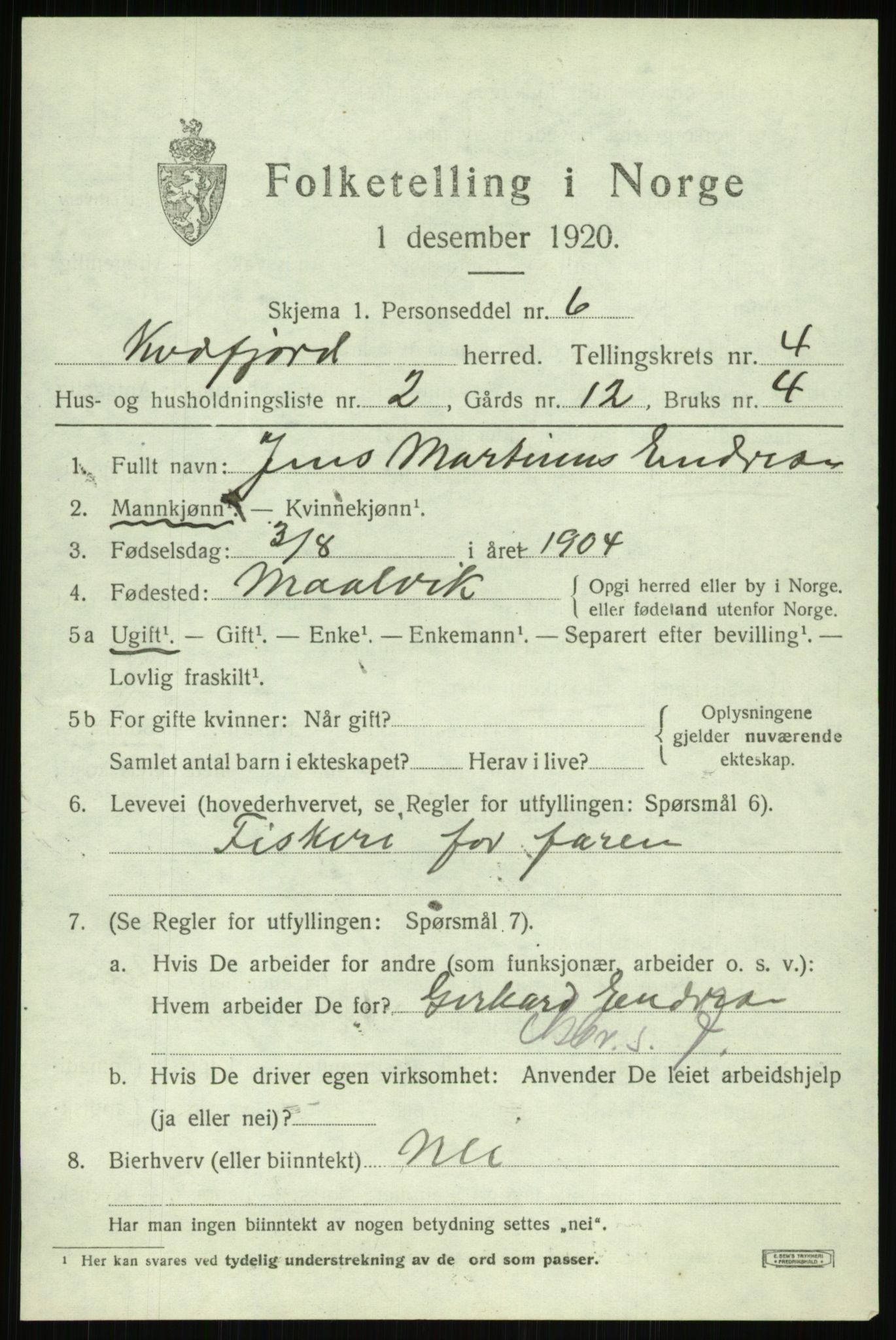 SATØ, 1920 census for Kvæfjord, 1920, p. 2153