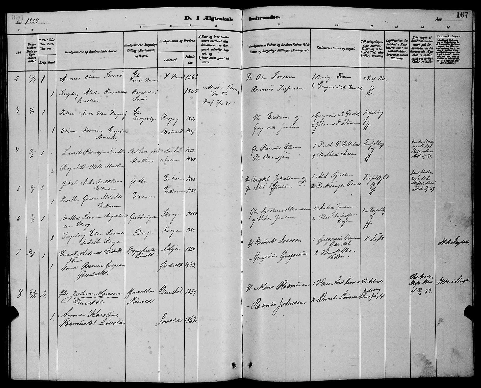 Ministerialprotokoller, klokkerbøker og fødselsregistre - Møre og Romsdal, AV/SAT-A-1454/501/L0017: Parish register (copy) no. 501C03, 1885-1901, p. 167