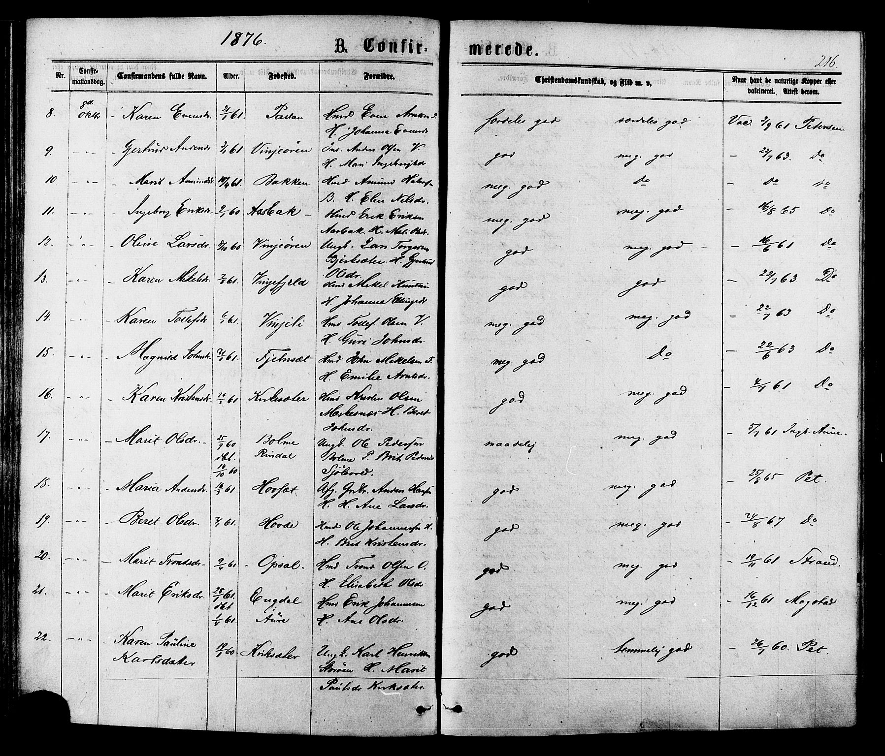 Ministerialprotokoller, klokkerbøker og fødselsregistre - Sør-Trøndelag, SAT/A-1456/630/L0495: Parish register (official) no. 630A08, 1868-1878, p. 216