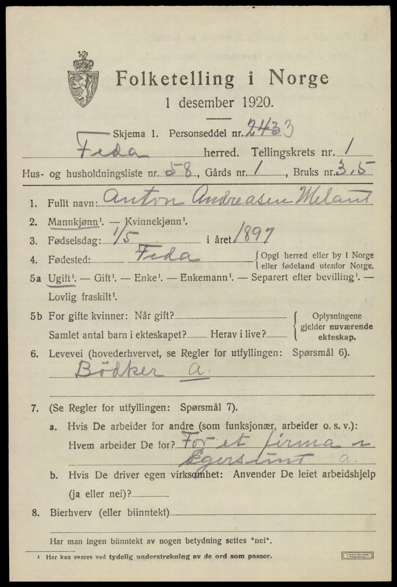 SAK, 1920 census for Feda, 1920, p. 937