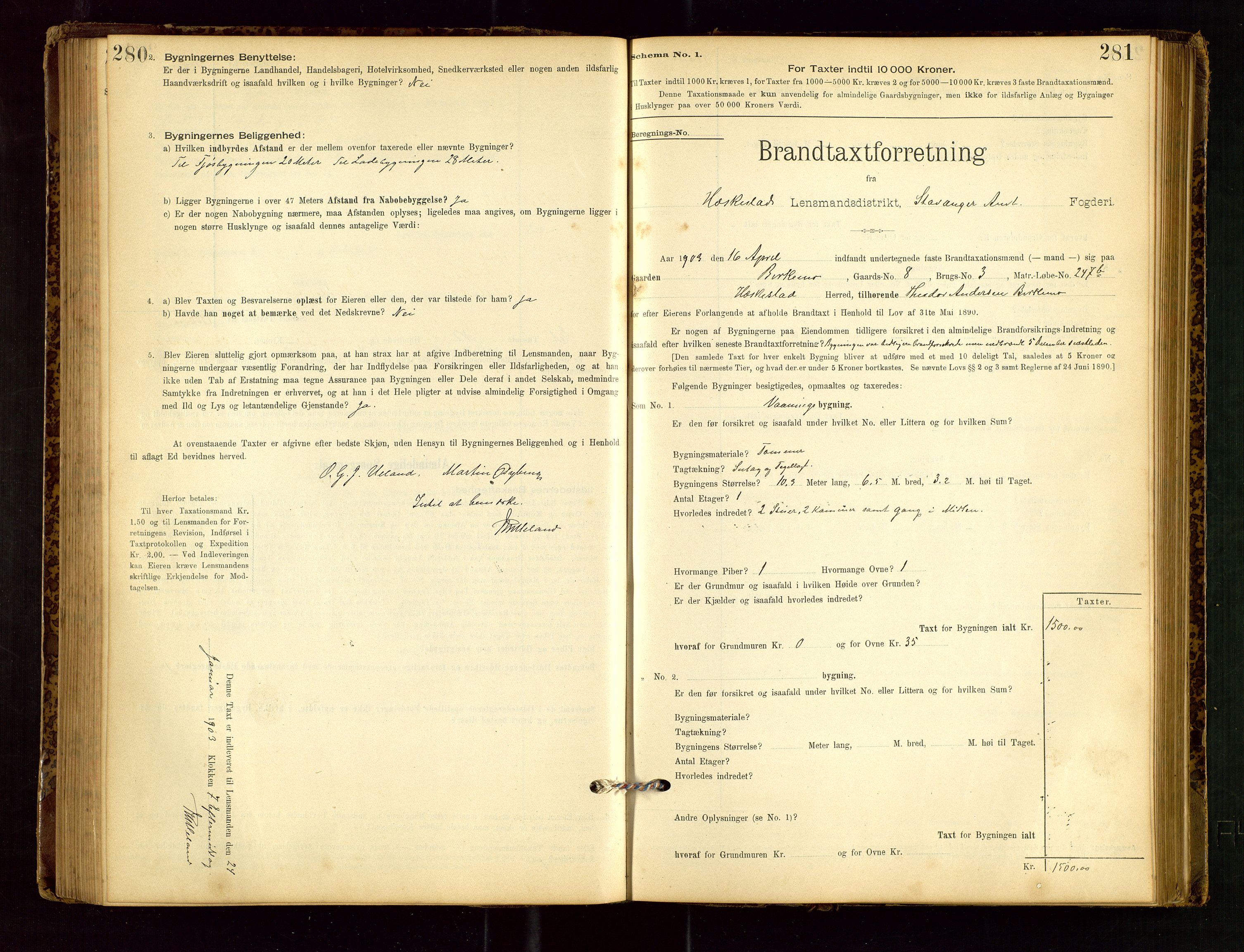 Heskestad lensmannskontor, AV/SAST-A-100304/Gob/L0001: "Brandtaxationsprotokol", 1894-1915, p. 280-281