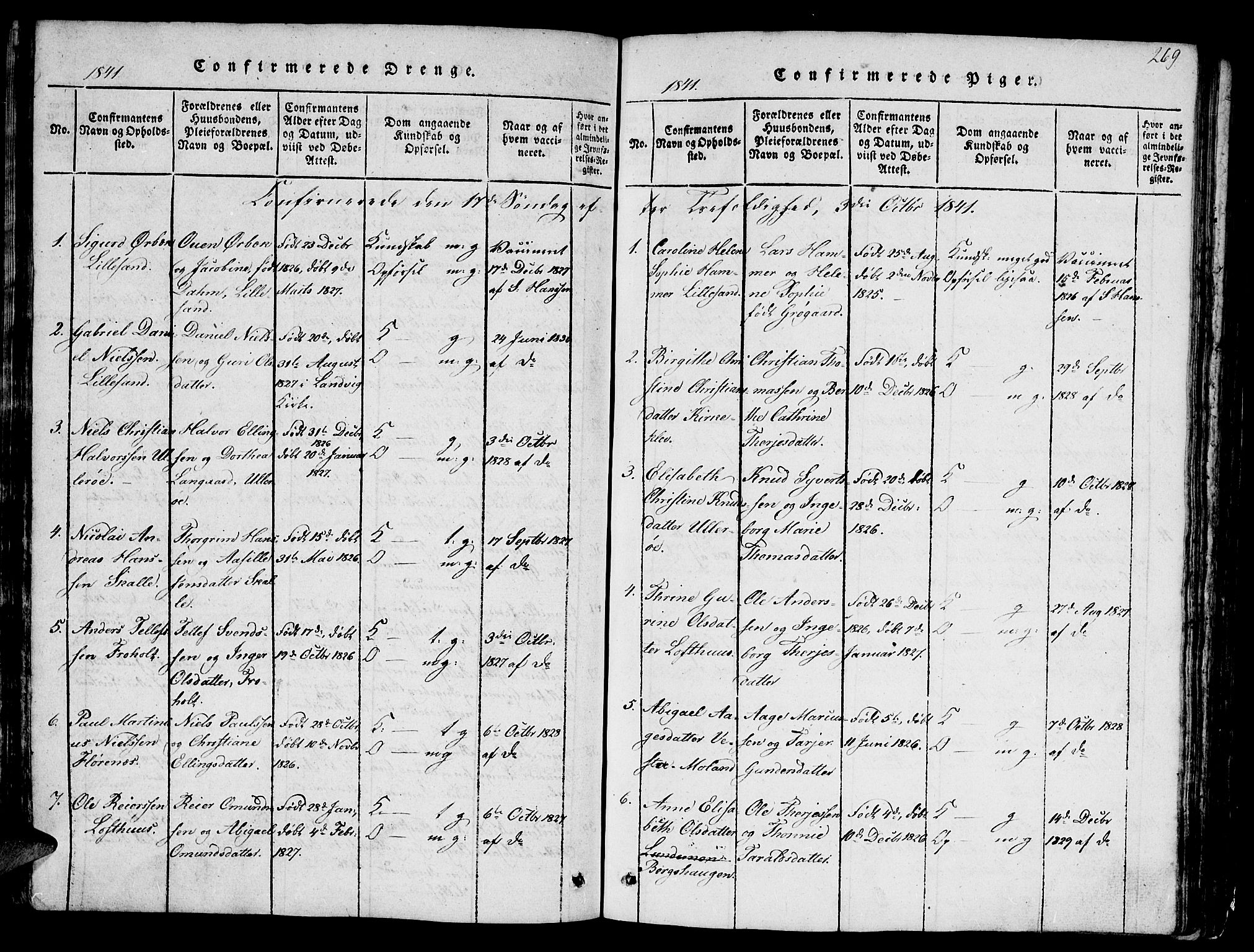 Vestre Moland sokneprestkontor, SAK/1111-0046/F/Fb/Fbb/L0001: Parish register (copy) no. B 1, 1816-1851, p. 269