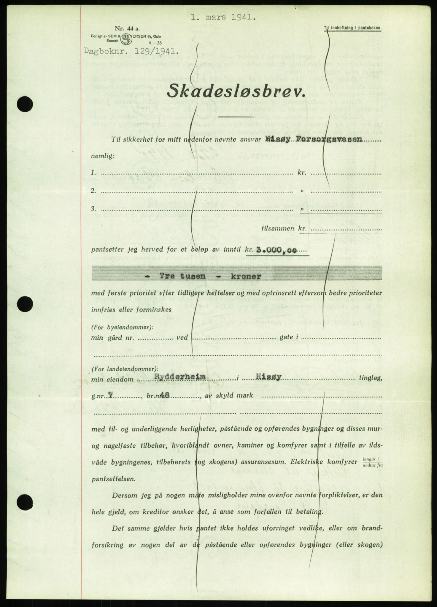 Nedenes sorenskriveri, SAK/1221-0006/G/Gb/Gbb/L0001: Mortgage book no. I, 1939-1942, Diary no: : 129/1941