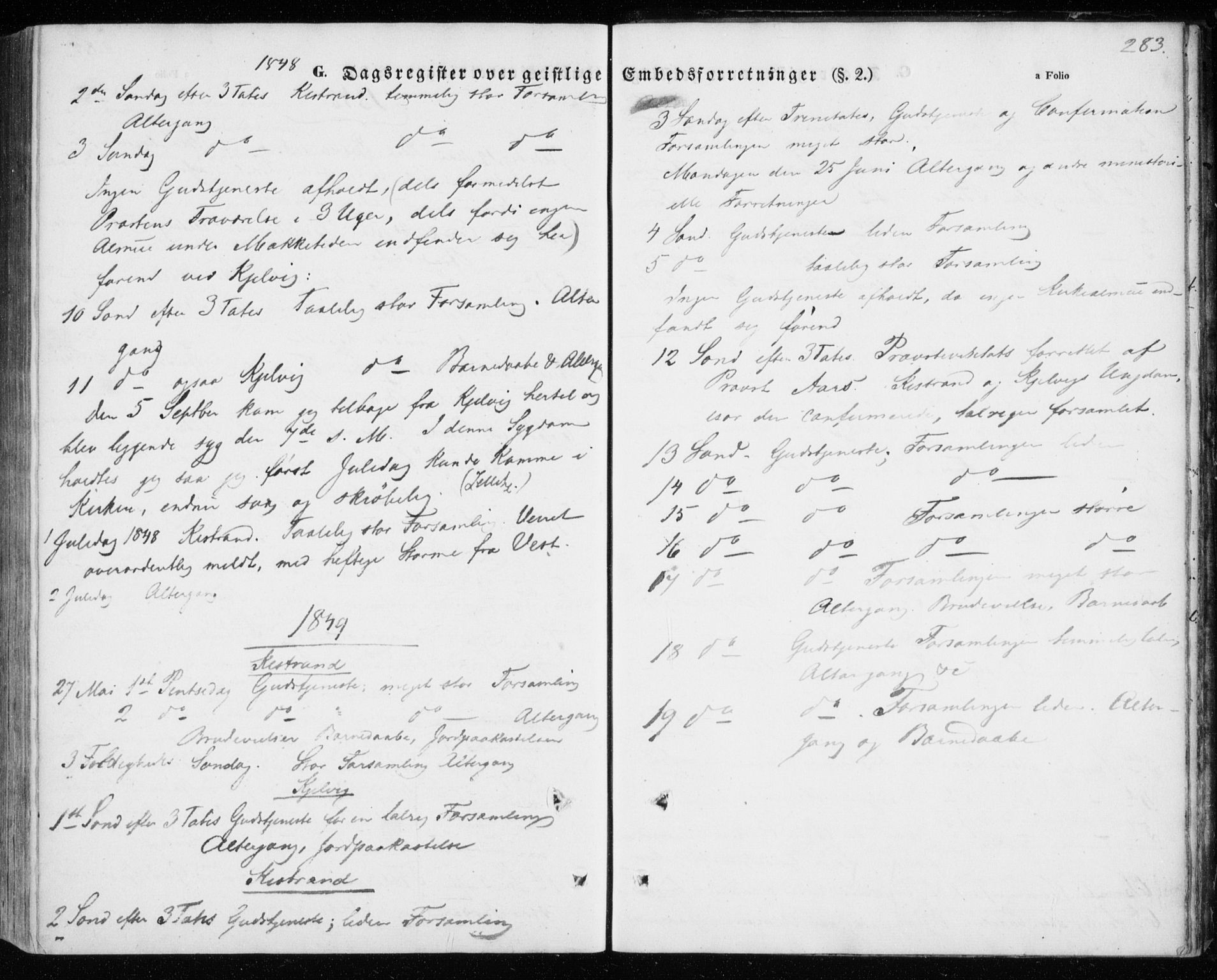 Kistrand/Porsanger sokneprestembete, AV/SATØ-S-1351/H/Ha/L0004.kirke: Parish register (official) no. 4, 1843-1860, p. 283