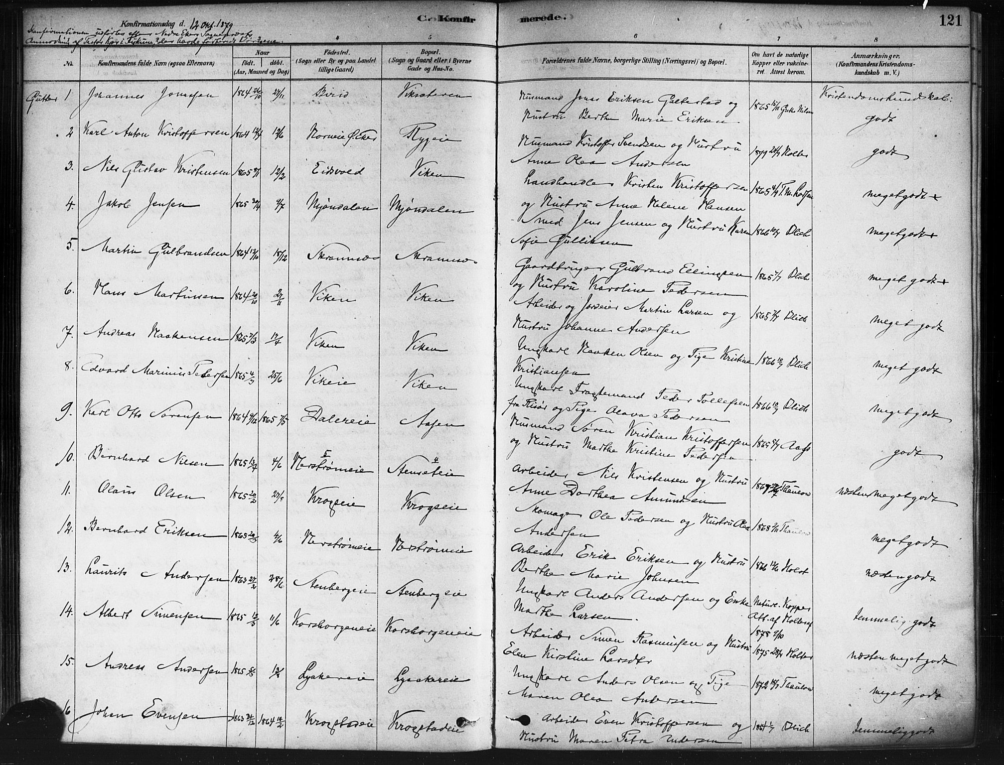 Nedre Eiker kirkebøker, AV/SAKO-A-612/F/Fa/L0002: Parish register (official) no. 2, 1878-1885, p. 121