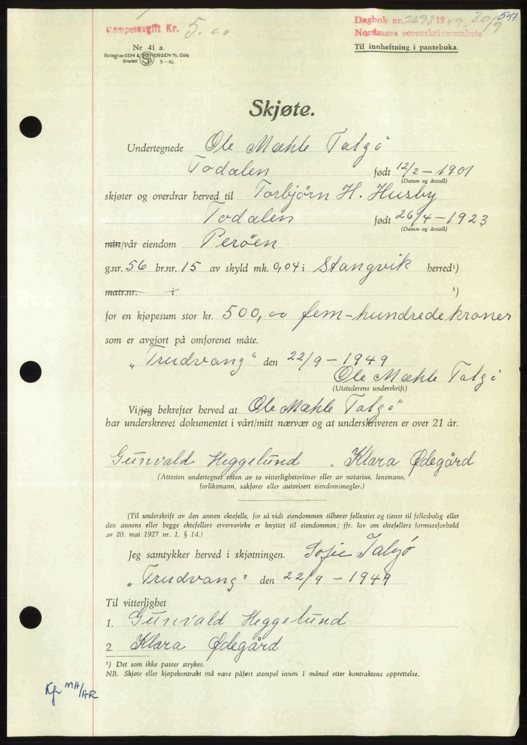 Nordmøre sorenskriveri, AV/SAT-A-4132/1/2/2Ca: Mortgage book no. A112, 1949-1949, Diary no: : 2693/1949