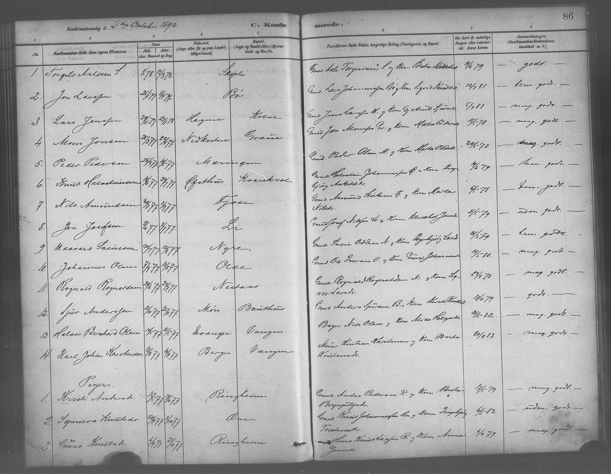 Voss sokneprestembete, AV/SAB-A-79001/H/Haa: Parish register (official) no. B 1, 1877-1899, p. 86