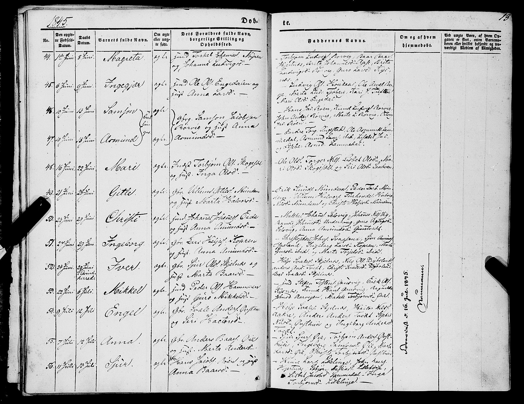 Strandebarm sokneprestembete, AV/SAB-A-78401/H/Haa: Parish register (official) no. A 7, 1844-1872, p. 13