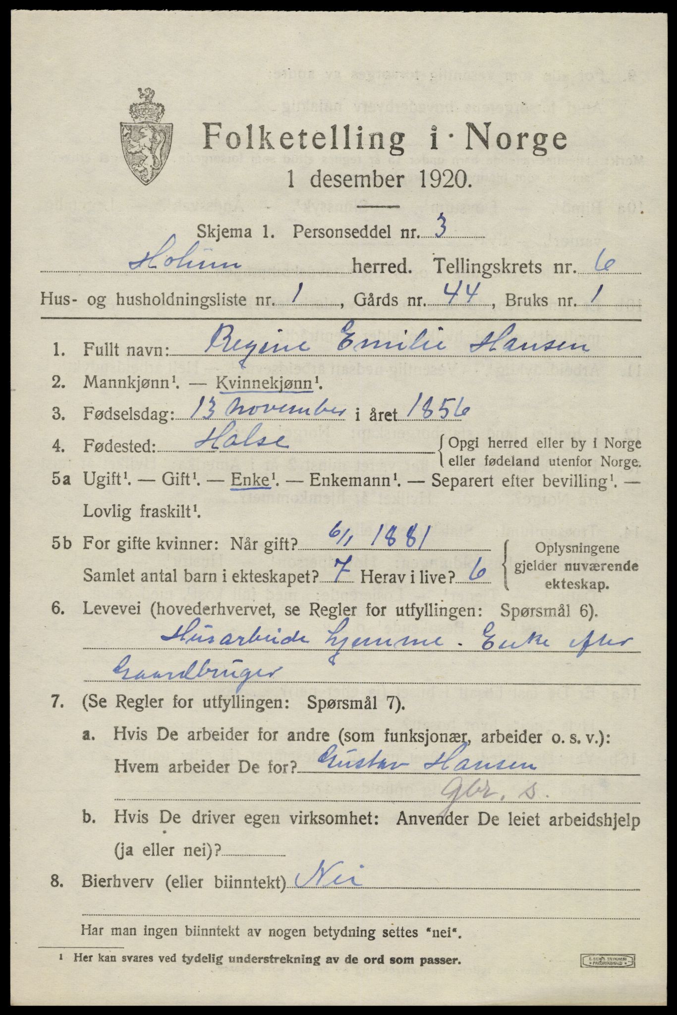 SAK, 1920 census for Holum, 1920, p. 2291