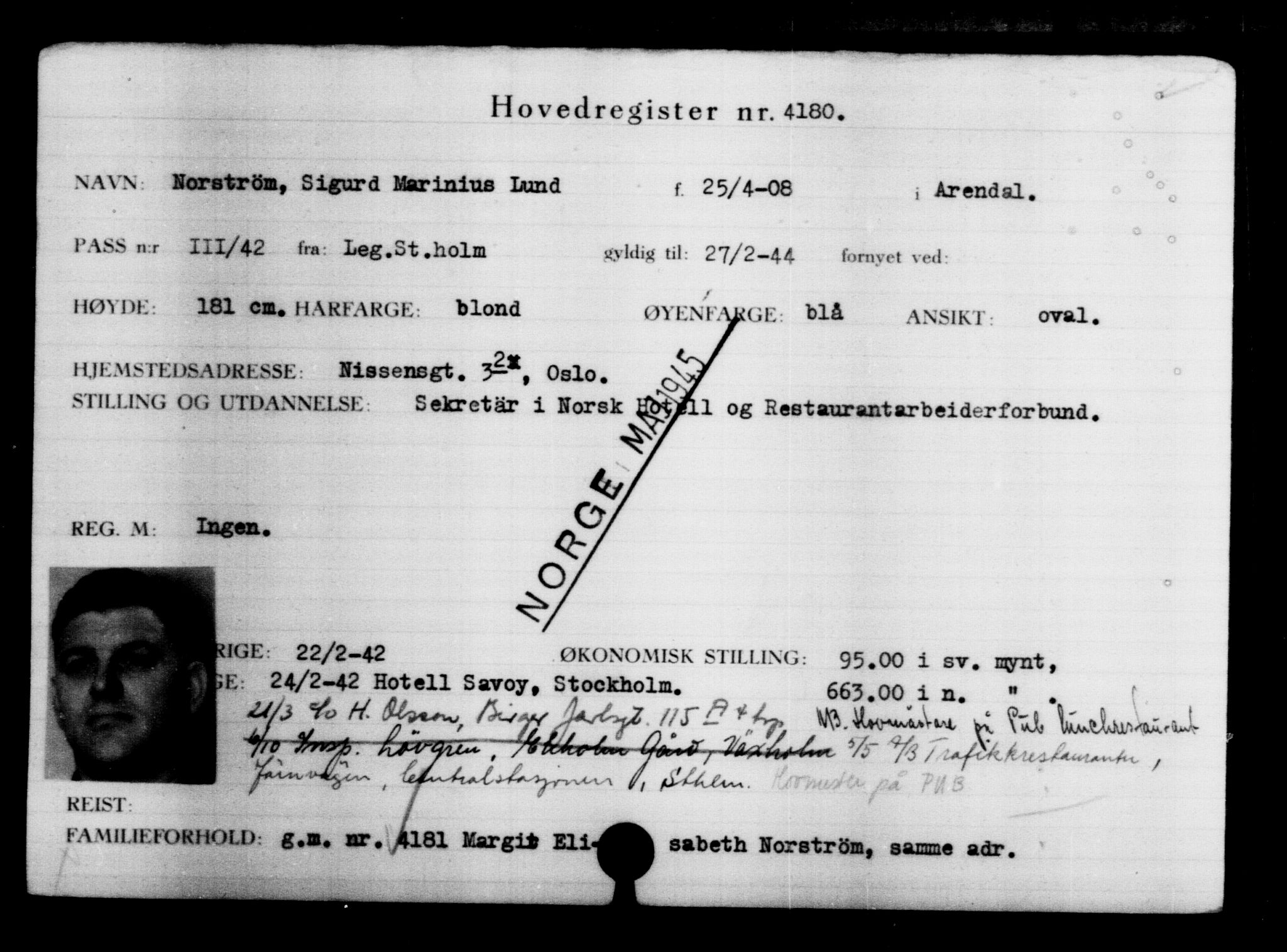 Utenriksstasjonene, Legasjonen i Stockholm, Flyktningkontoret, AV/RA-S-6753/V/Va/L0004: Kjesäterkartoteket, flyktninger med registreringsnr. 3496-6610, 1940-1945, p. 827
