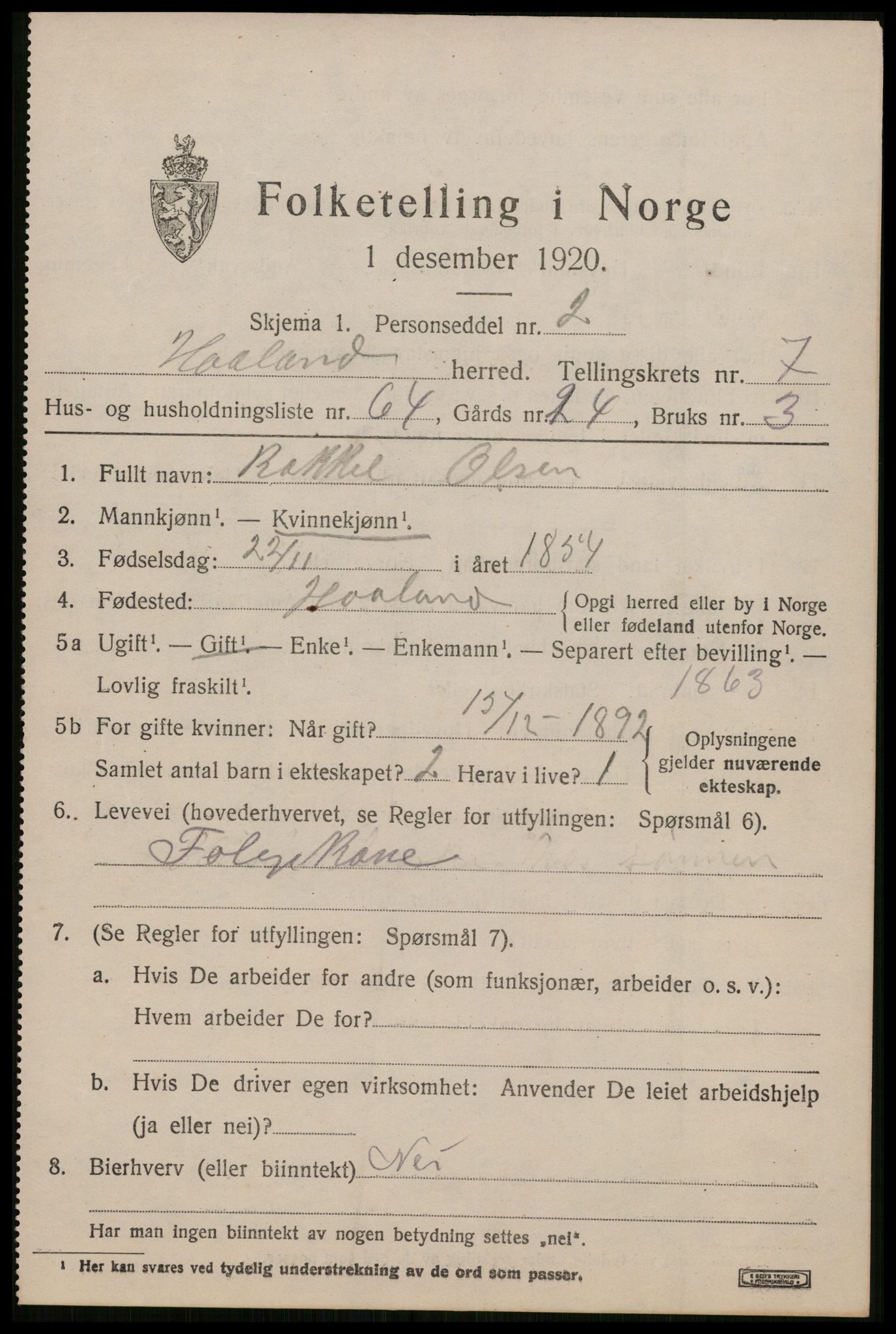 SAST, 1920 census for Håland, 1920, p. 6333