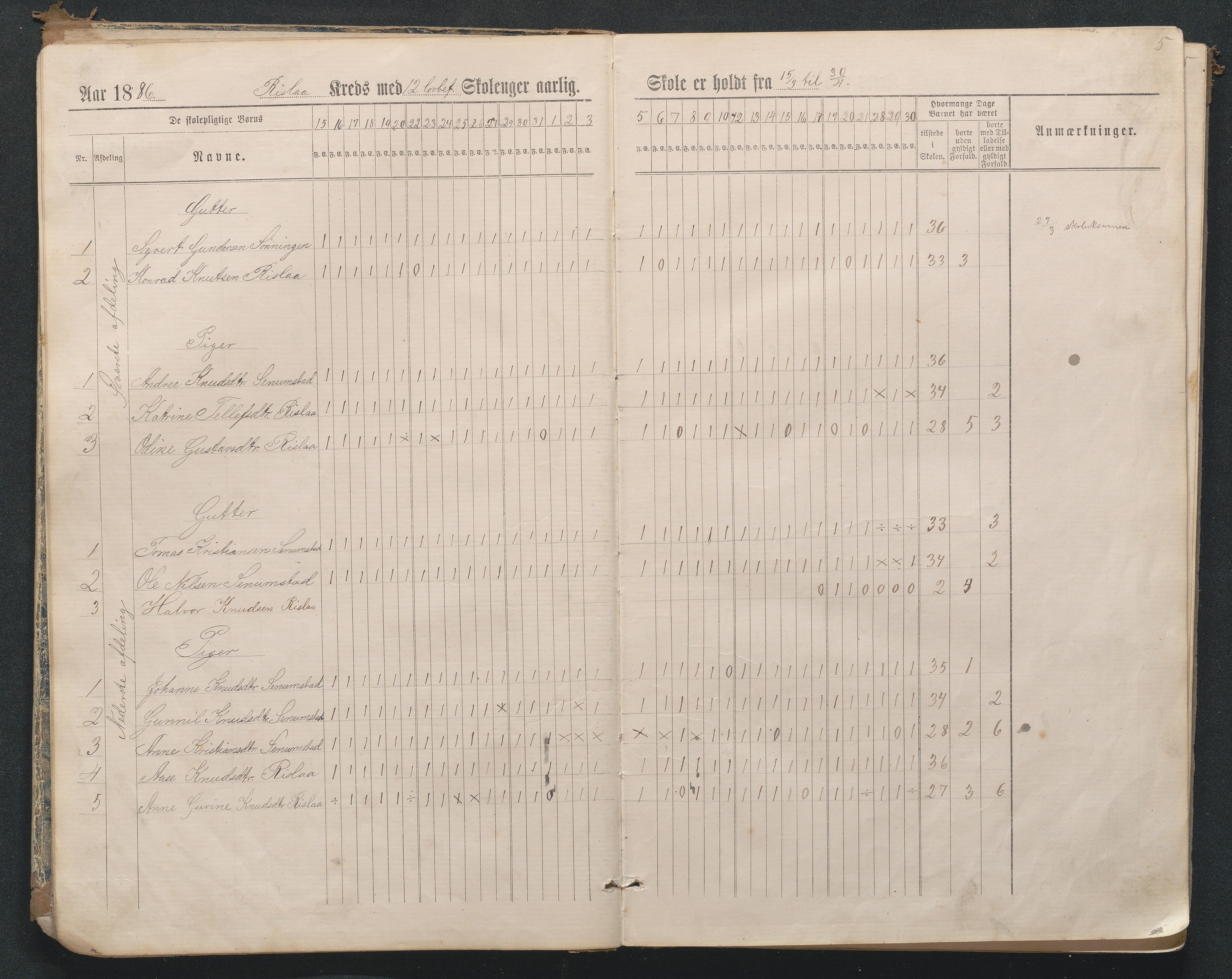 Birkenes kommune, Flå, Senumstad og Rislå skolekretser frem til 1991, AAKS/KA0928-550b_91/F02/L0001: Dagbok for Flå og Rislå, 1886-1900, p. 5