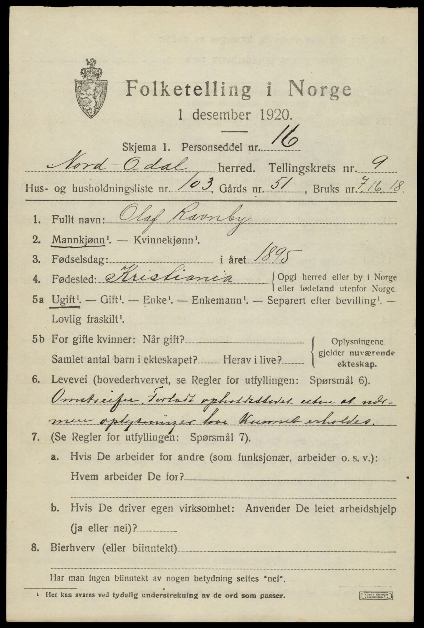 SAH, 1920 census for Nord-Odal, 1920, p. 10853