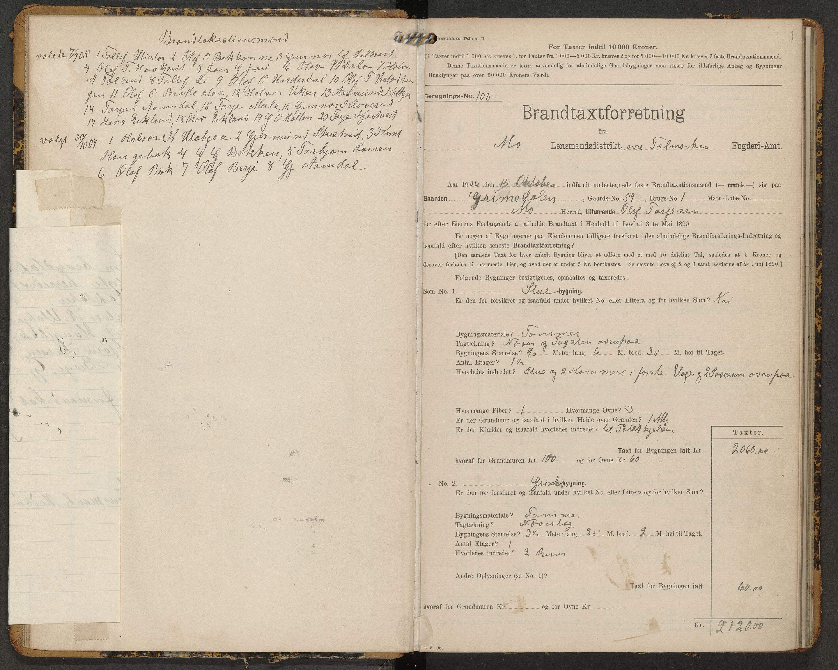 Mo lensmannskontor, AV/SAKO-A-1111/Y/Yc/Ycb/L0002: Skjematakstprotokoll, 1906-1916