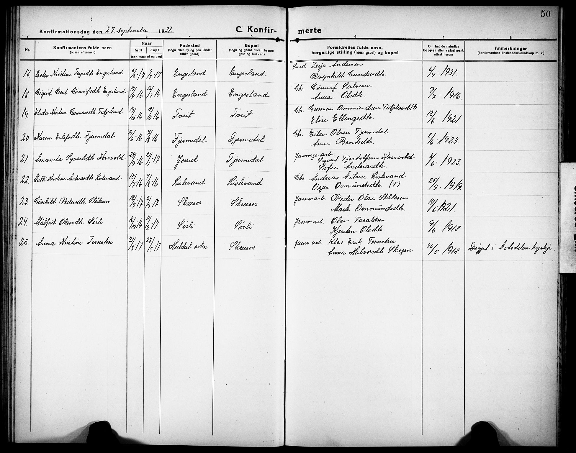 Herefoss sokneprestkontor, SAK/1111-0019/F/Fb/Fbb/L0004: Parish register (copy) no. B 4, 1917-1933, p. 50