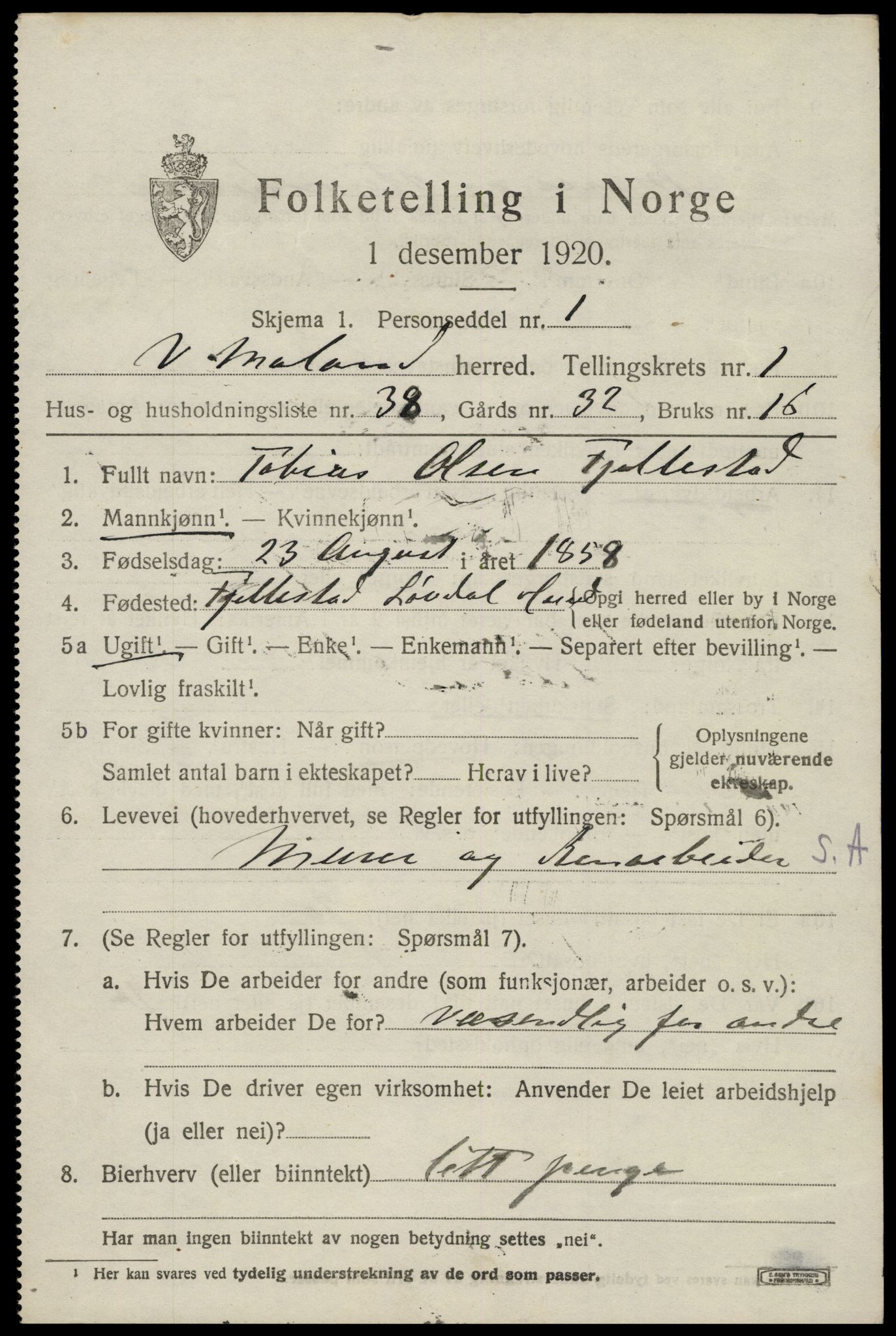 SAK, 1920 census for Vestre Moland, 1920, p. 1401