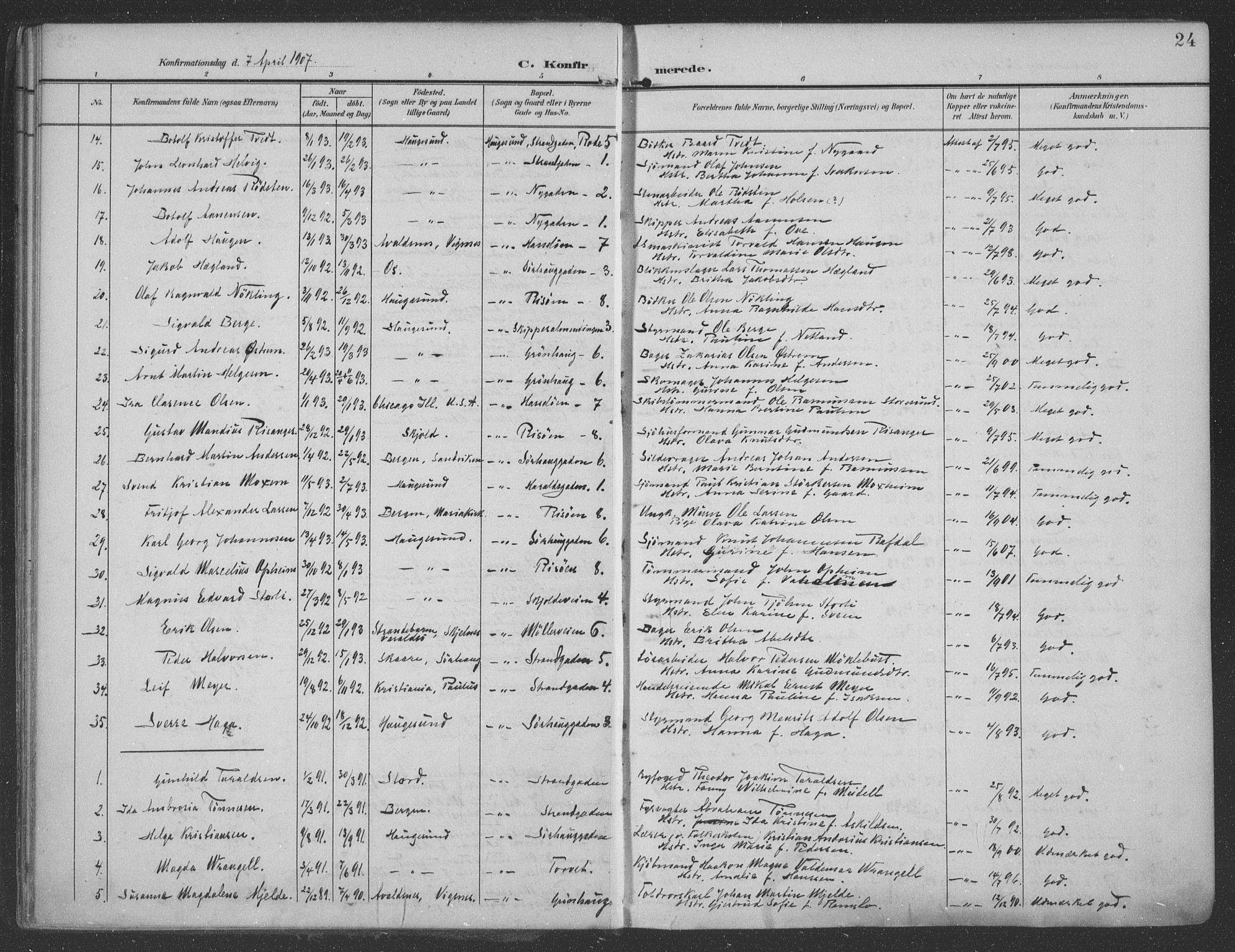 Haugesund sokneprestkontor, AV/SAST-A -101863/H/Ha/Haa/L0007: Parish register (official) no. A 7, 1904-1916, p. 24