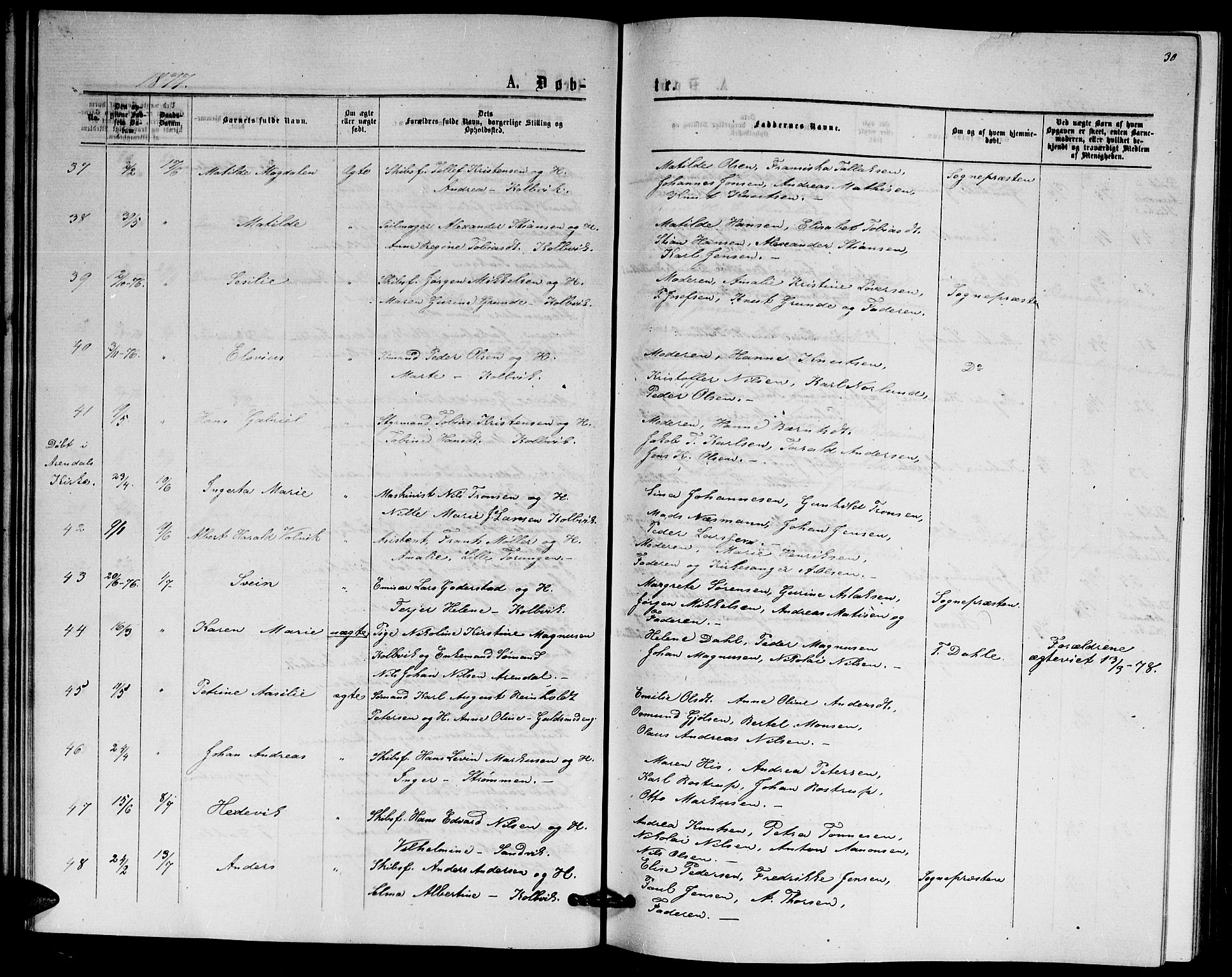 Hisøy sokneprestkontor, SAK/1111-0020/F/Fb/L0002: Parish register (copy) no. B 2, 1873-1885, p. 30