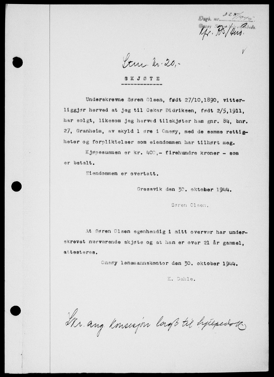 Onsøy sorenskriveri, SAO/A-10474/G/Ga/Gab/L0014: Mortgage book no. II A-14, 1944-1945, Diary no: : 328/1945