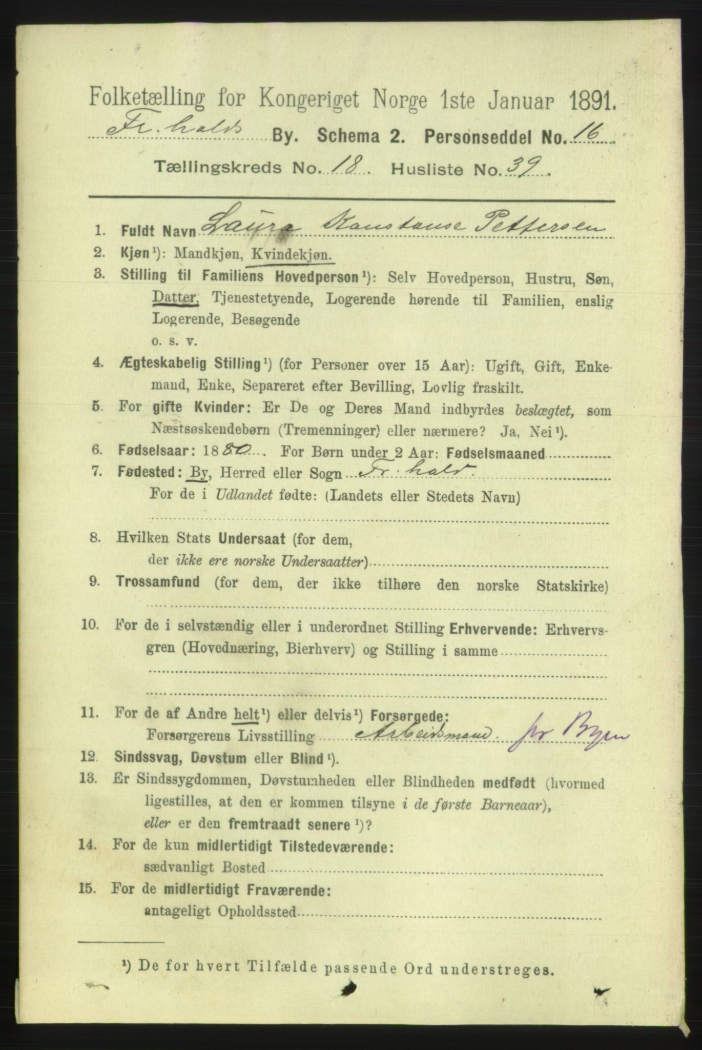 RA, 1891 census for 0101 Fredrikshald, 1891, p. 11916