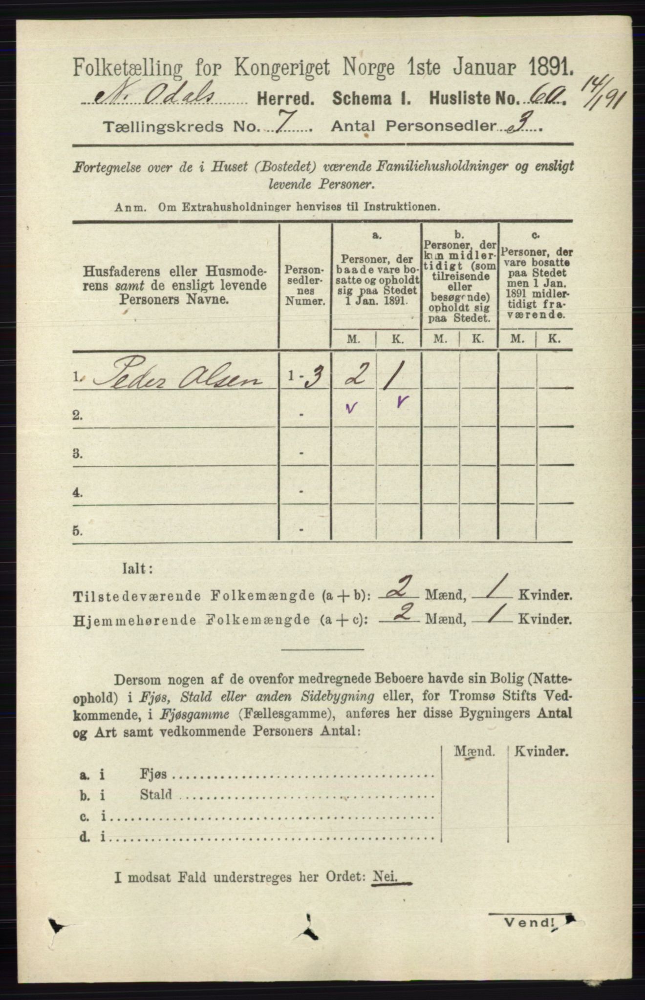 RA, 1891 census for 0418 Nord-Odal, 1891, p. 2832