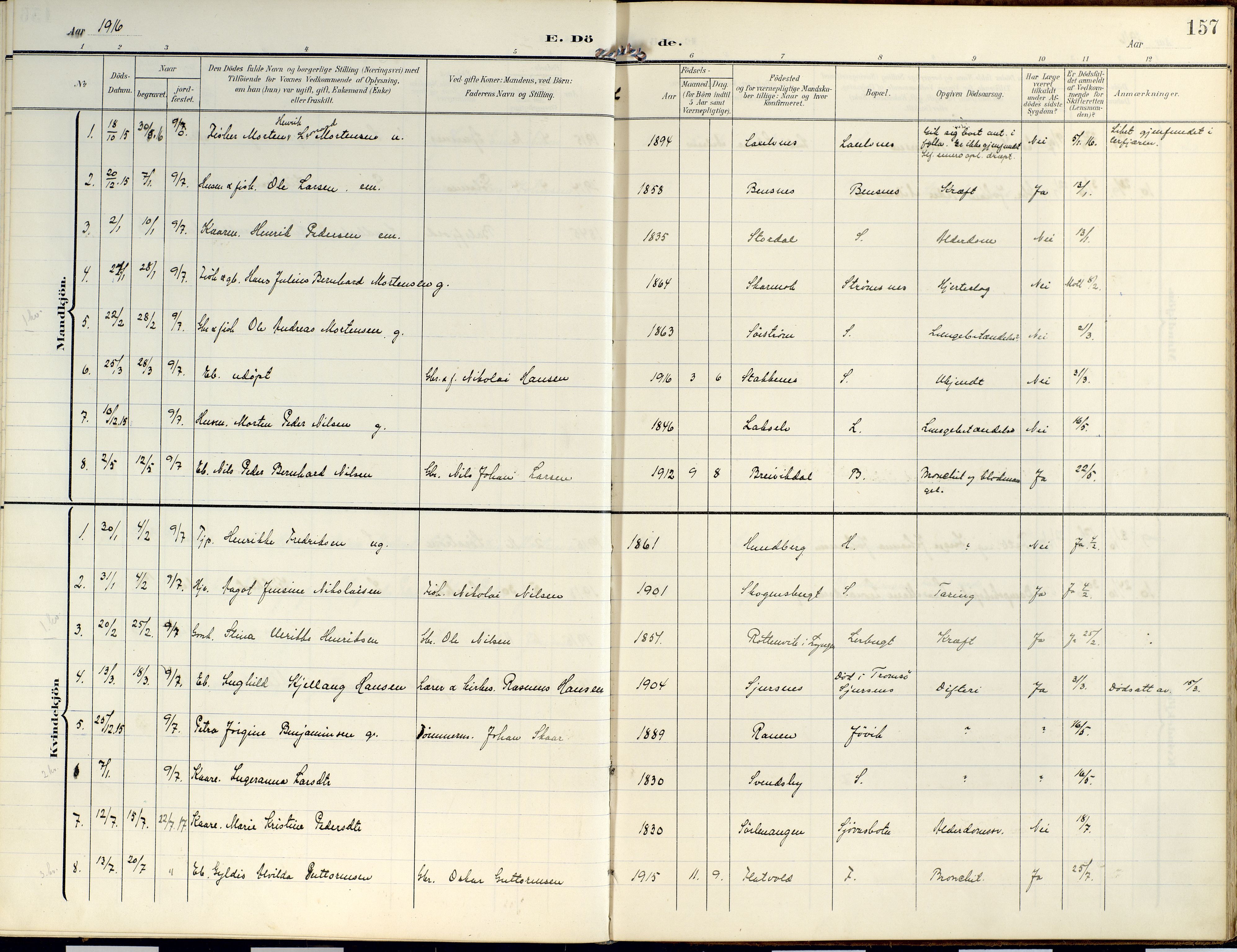 Lyngen sokneprestembete, SATØ/S-1289/H/He/Hea/L0014kirke: Parish register (official) no. 14, 1905-1920, p. 157