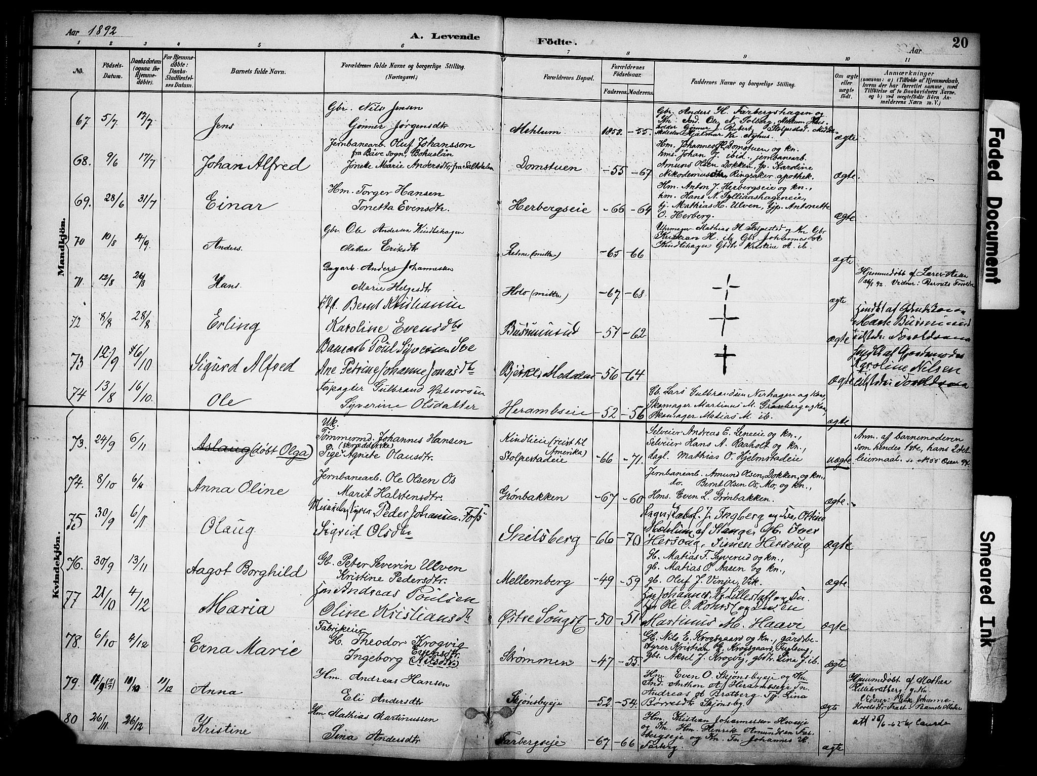 Ringsaker prestekontor, AV/SAH-PREST-014/K/Ka/L0017: Parish register (official) no. 17, 1891-1902, p. 20