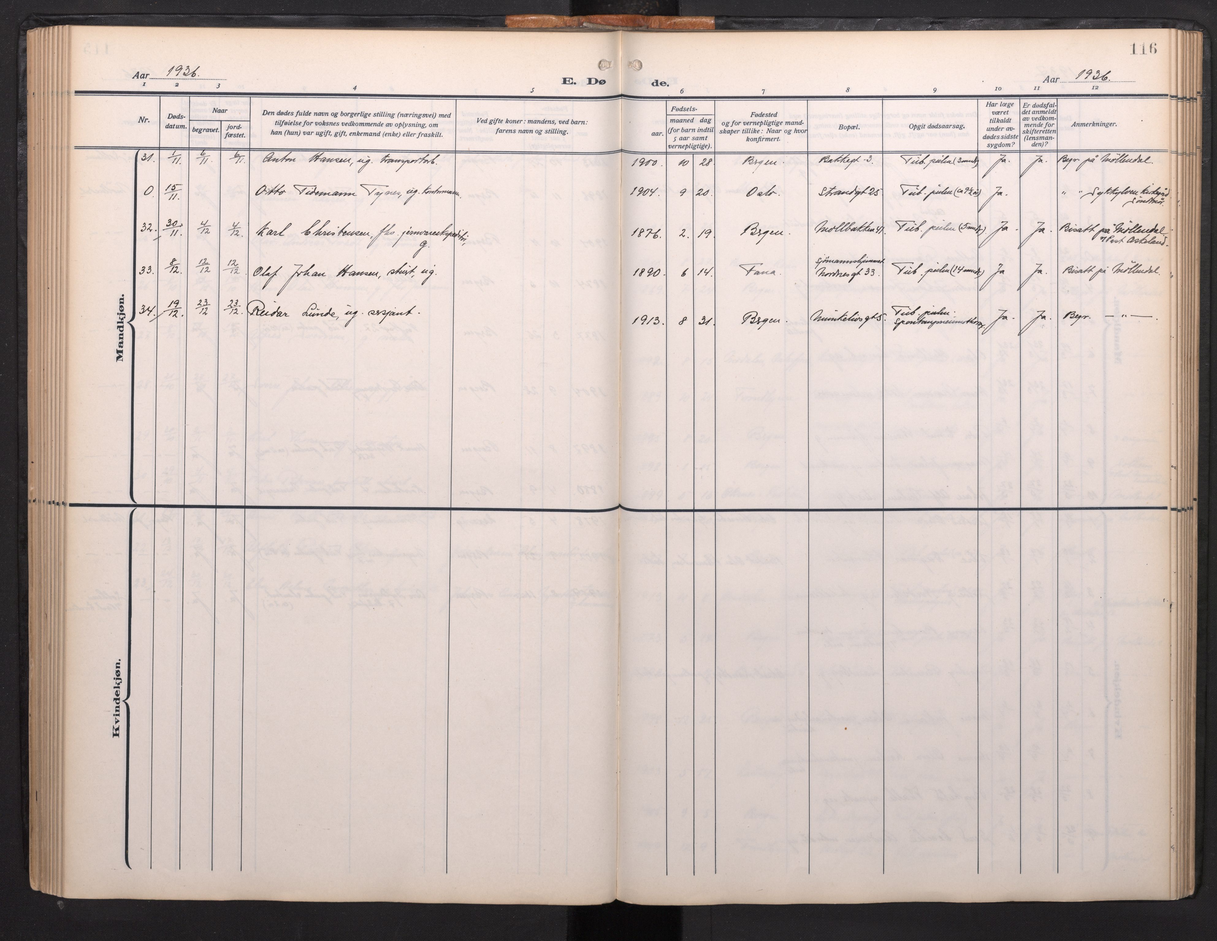 Arkivreferanse mangler*, SAB/-: Parish register (official) no. A 1, 1912-1957, p. 115b-116a