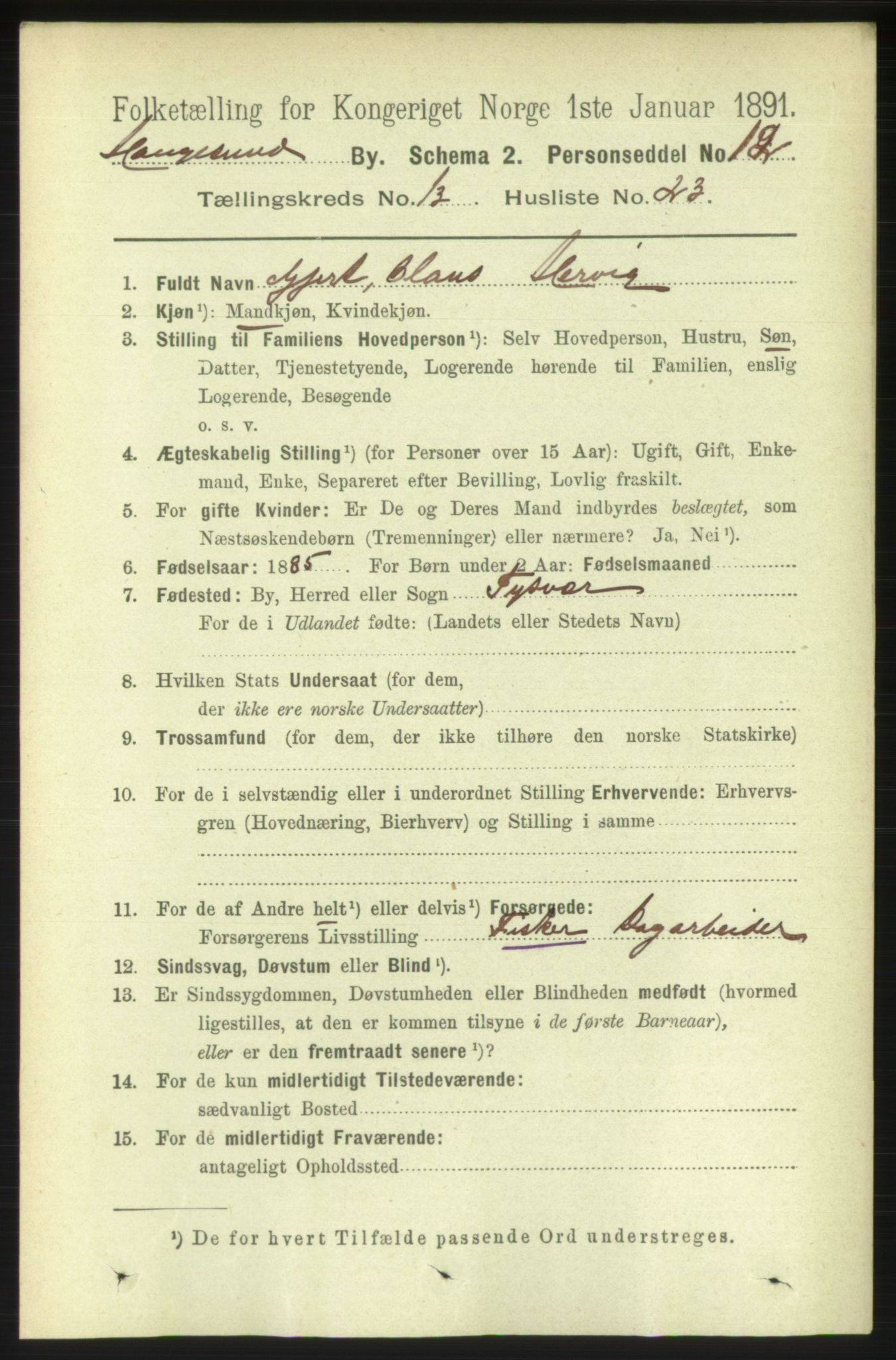 RA, 1891 census for 1106 Haugesund, 1891, p. 4564