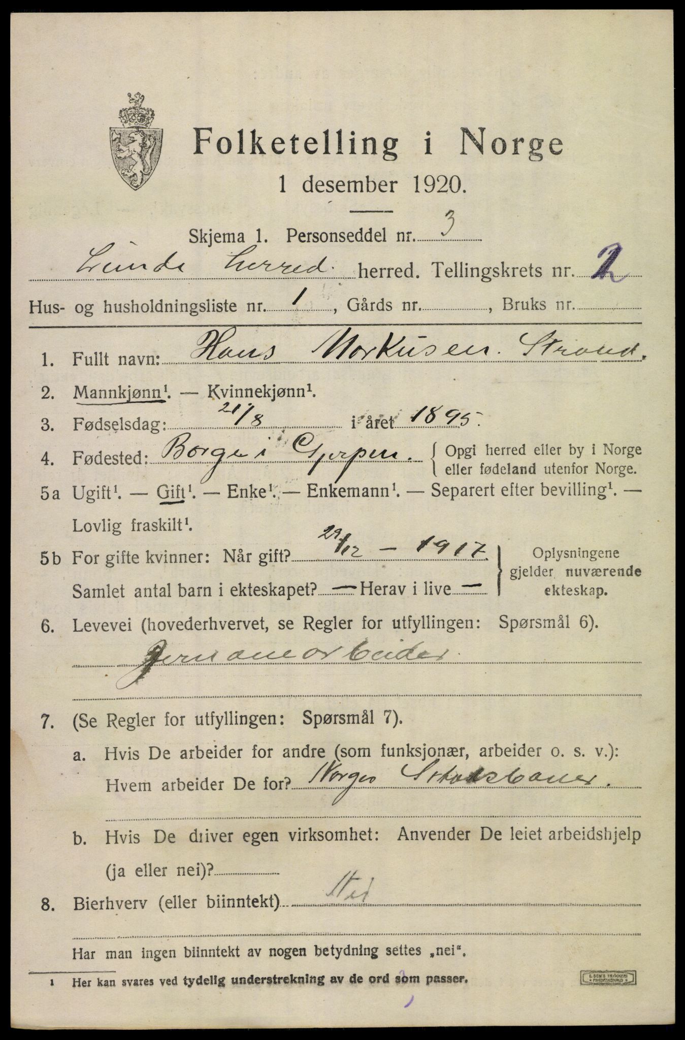 SAKO, 1920 census for Lunde, 1920, p. 1631