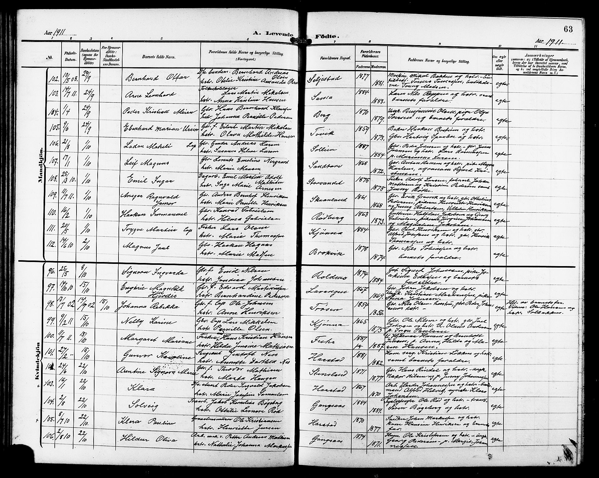 Trondenes sokneprestkontor, AV/SATØ-S-1319/H/Hb/L0012klokker: Parish register (copy) no. 12, 1907-1916, p. 63