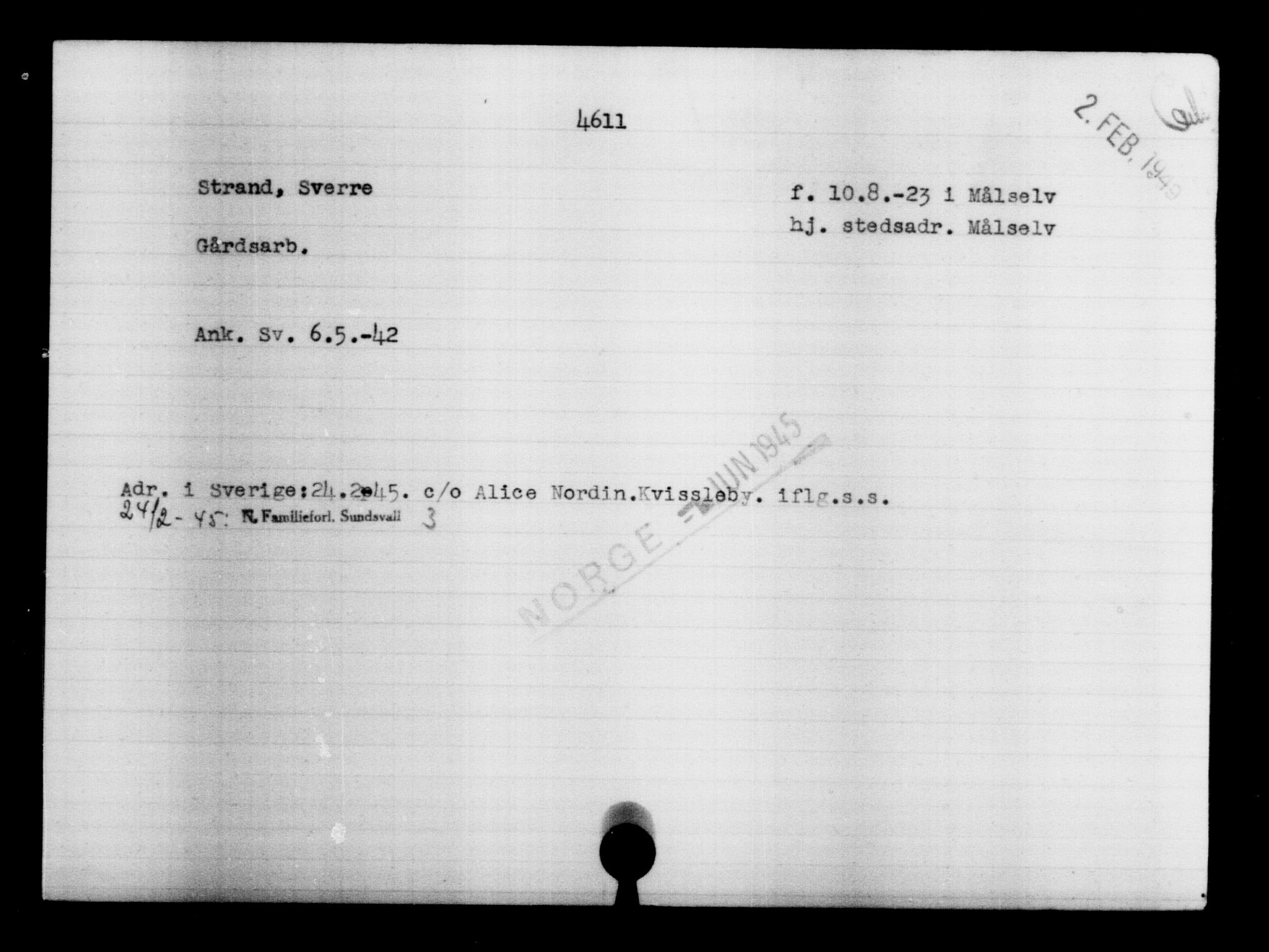 Utenriksstasjonene, Legasjonen i Stockholm, Flyktningkontoret, AV/RA-S-6753/V/Va/L0004: Kjesäterkartoteket, flyktninger med registreringsnr. 3496-6610, 1940-1945, p. 1323