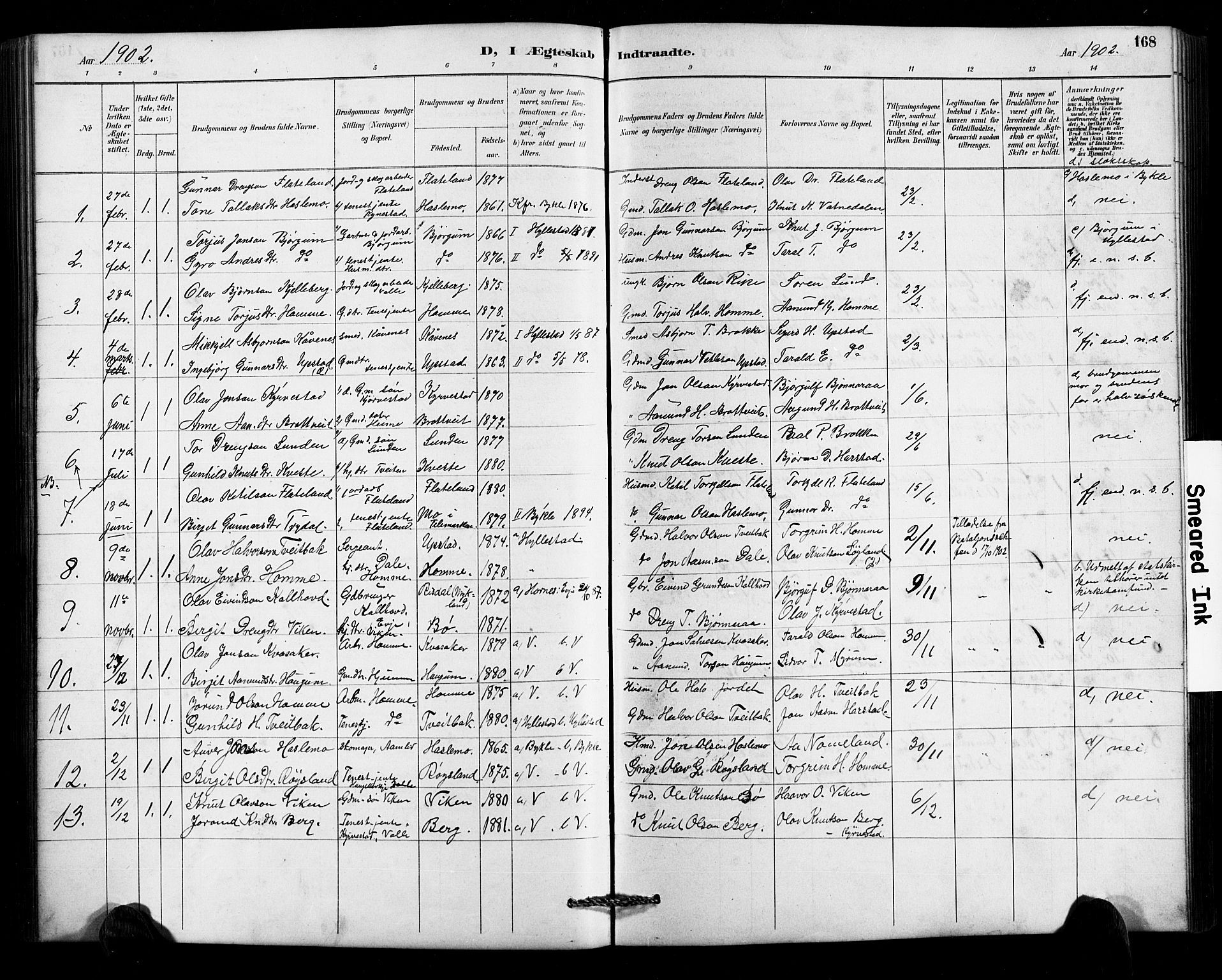 Valle sokneprestkontor, SAK/1111-0044/F/Fb/Fbc/L0004: Parish register (copy) no. B 4, 1890-1928, p. 168