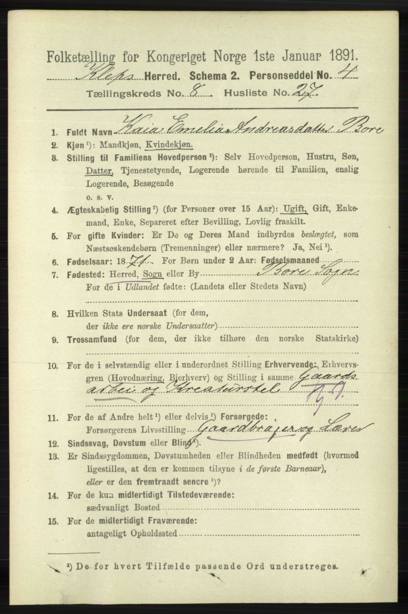 RA, 1891 census for 1120 Klepp, 1891, p. 2700